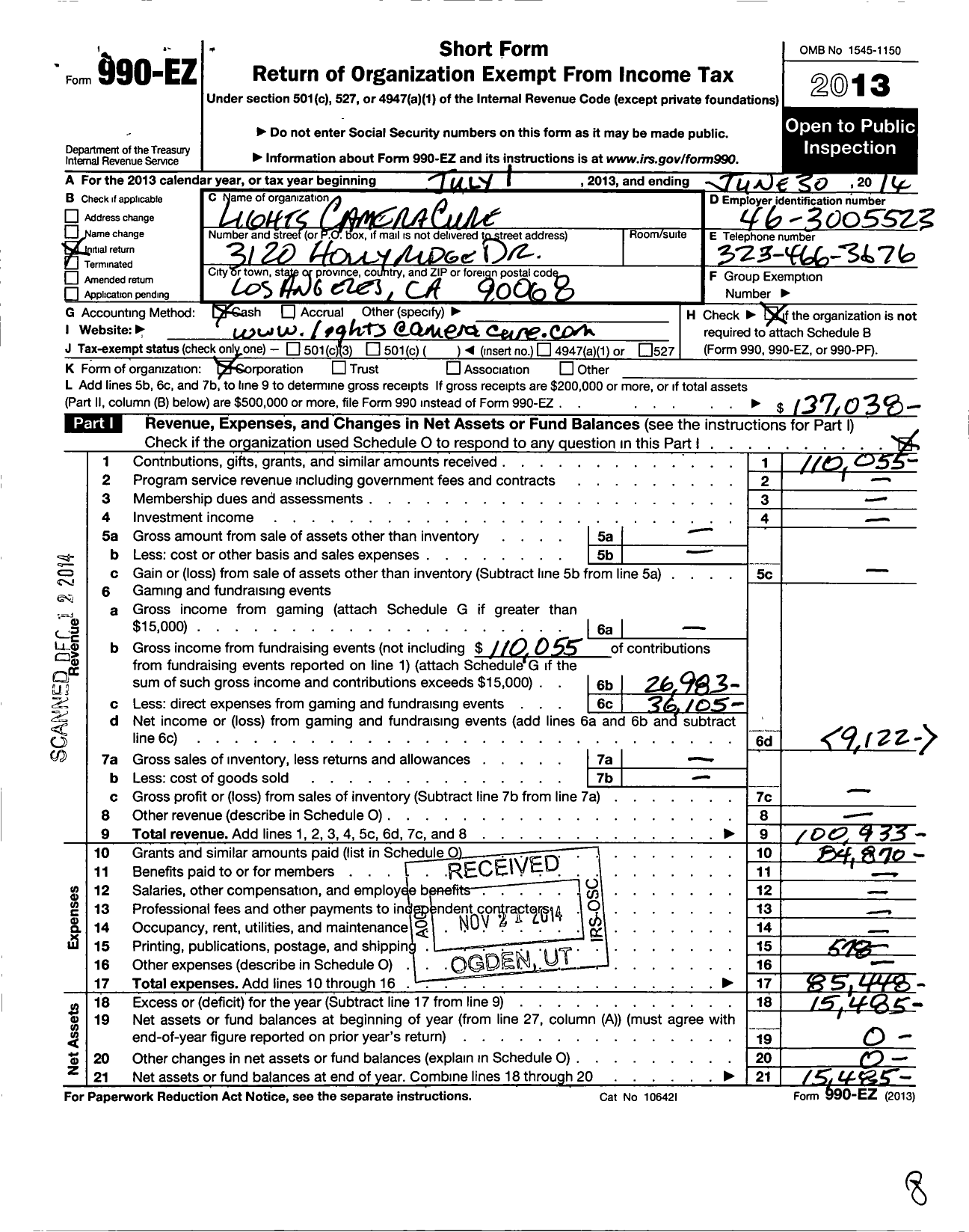 Image of first page of 2013 Form 990EO for Lights Camera Cure