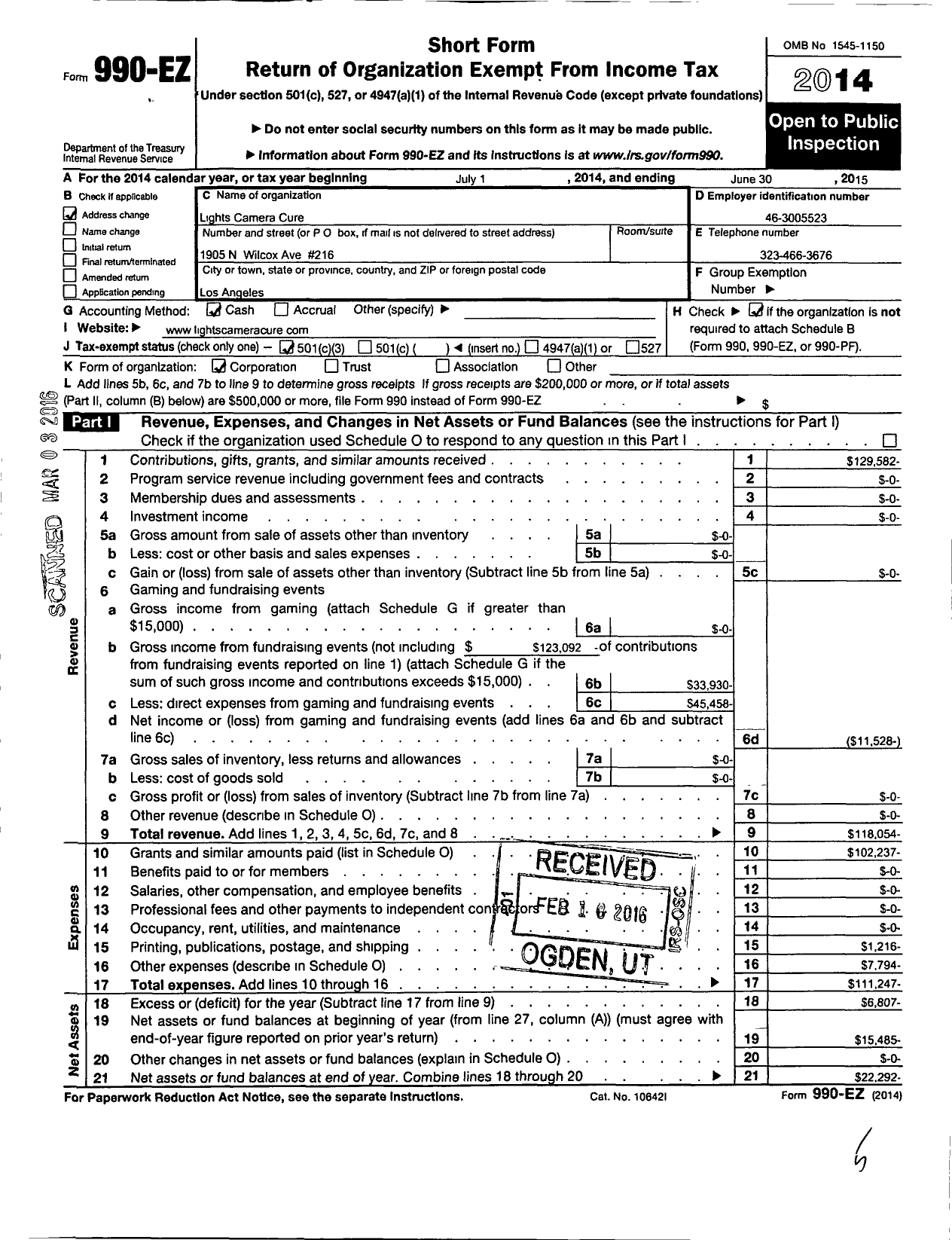 Image of first page of 2014 Form 990EZ for Lights Camera Cure