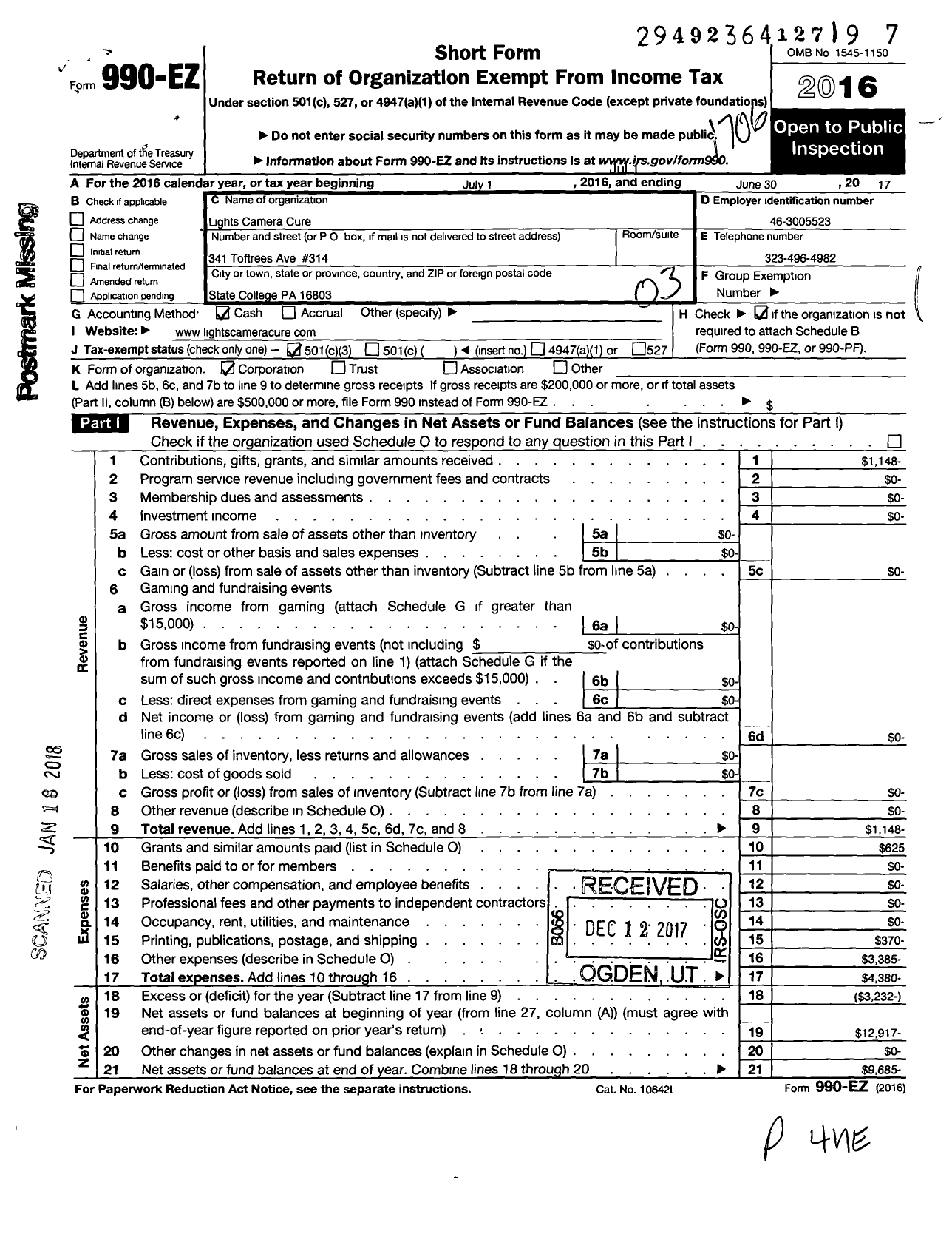 Image of first page of 2016 Form 990EZ for Lights Camera Cure