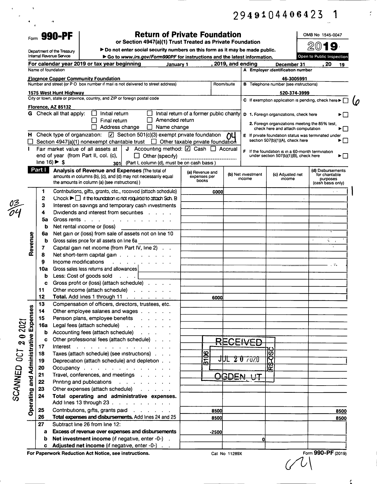 Image of first page of 2019 Form 990PF for Florence Copper Community Foundation