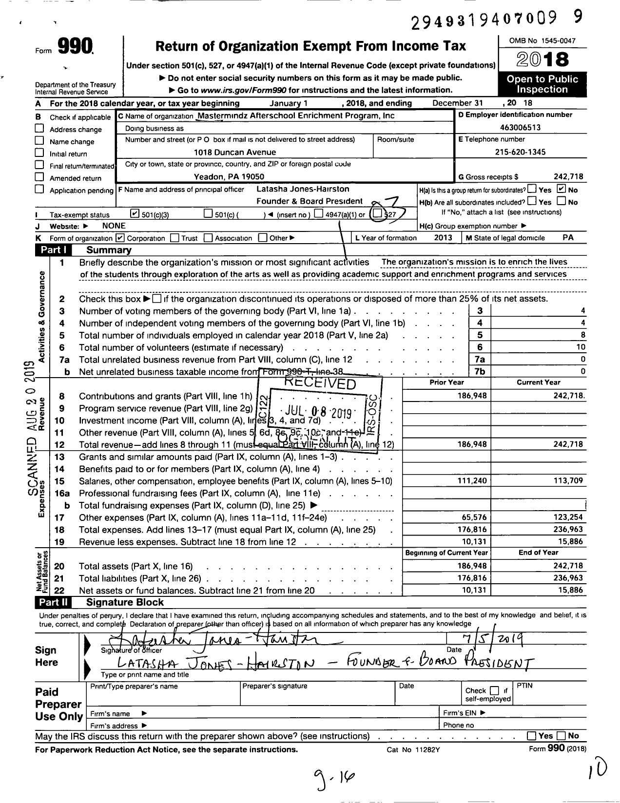 Image of first page of 2018 Form 990 for Mastermindz Afterschool Enrichment Program