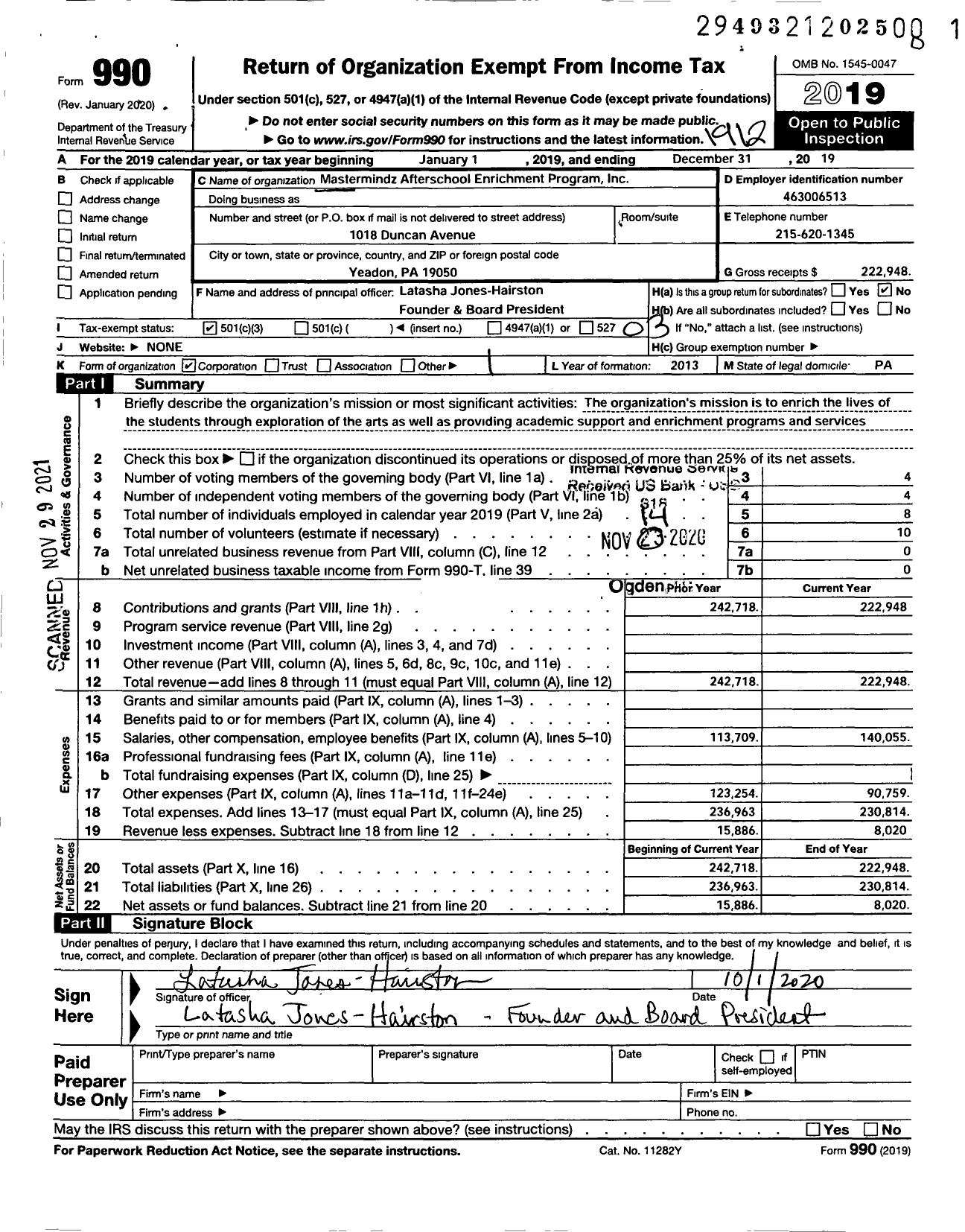 Image of first page of 2019 Form 990 for Mastermindz Afterschool Enrichment Program