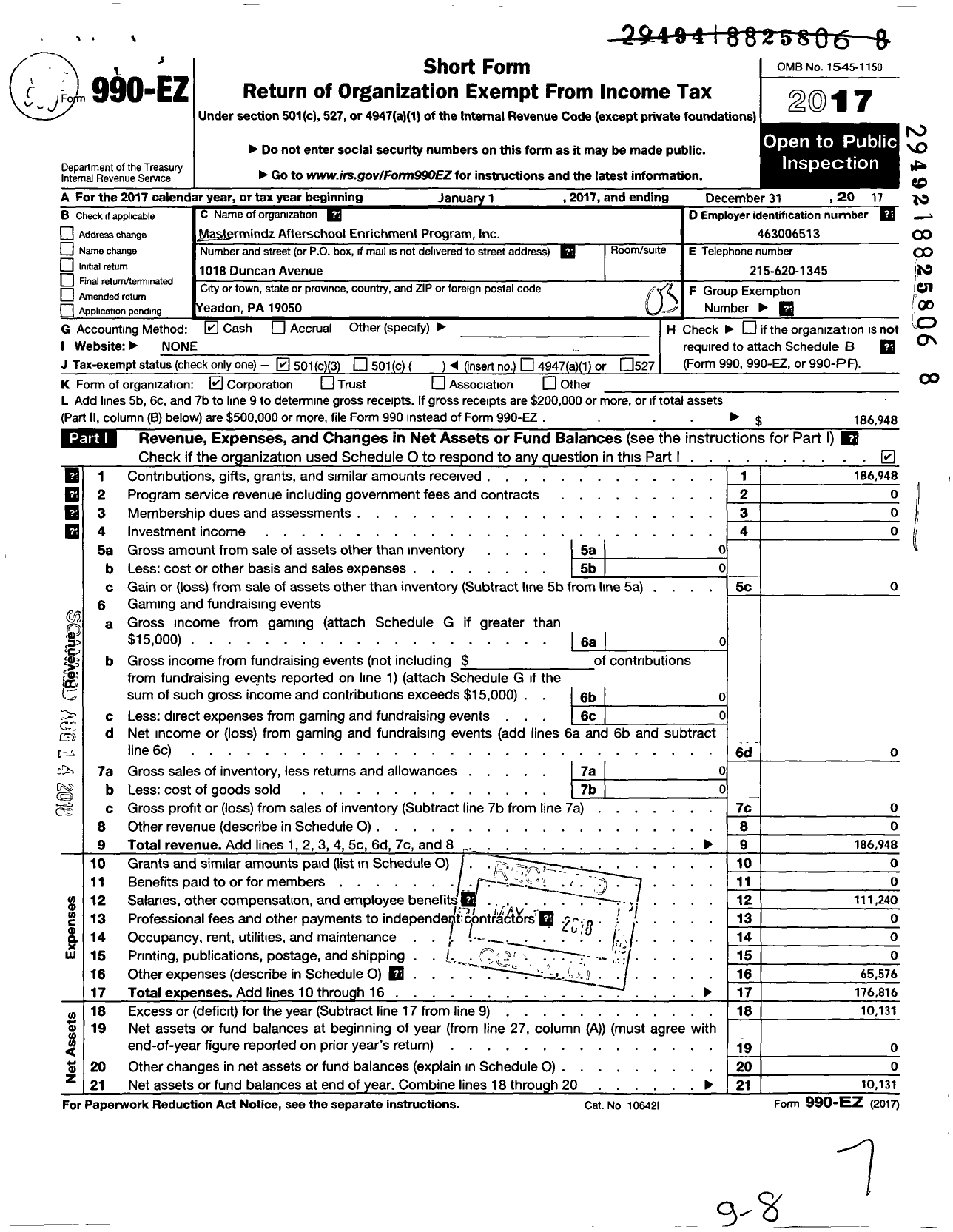 Image of first page of 2017 Form 990EZ for Mastermindz Afterschool Enrichment Program