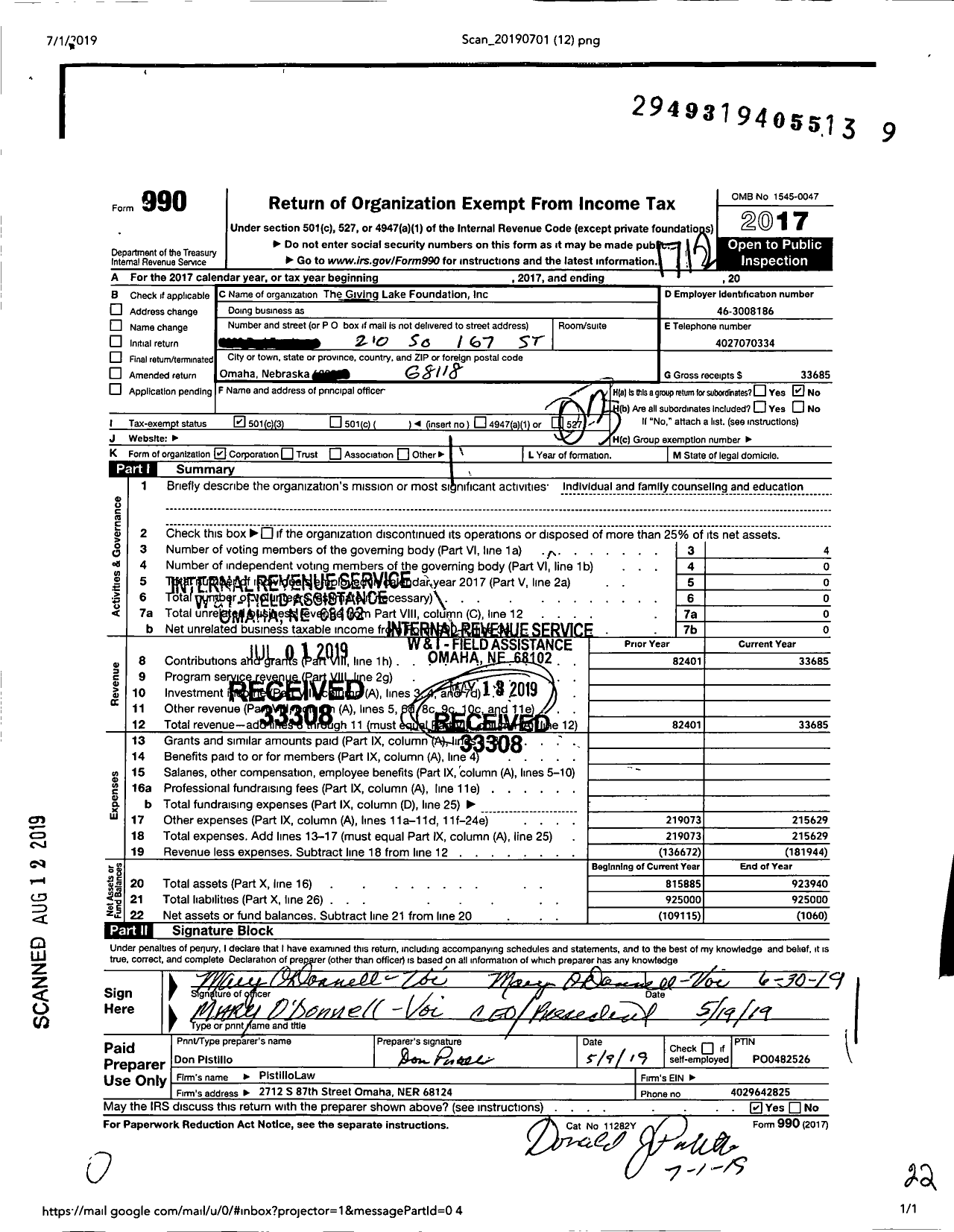 Image of first page of 2017 Form 990 for Giving Lake Foundation