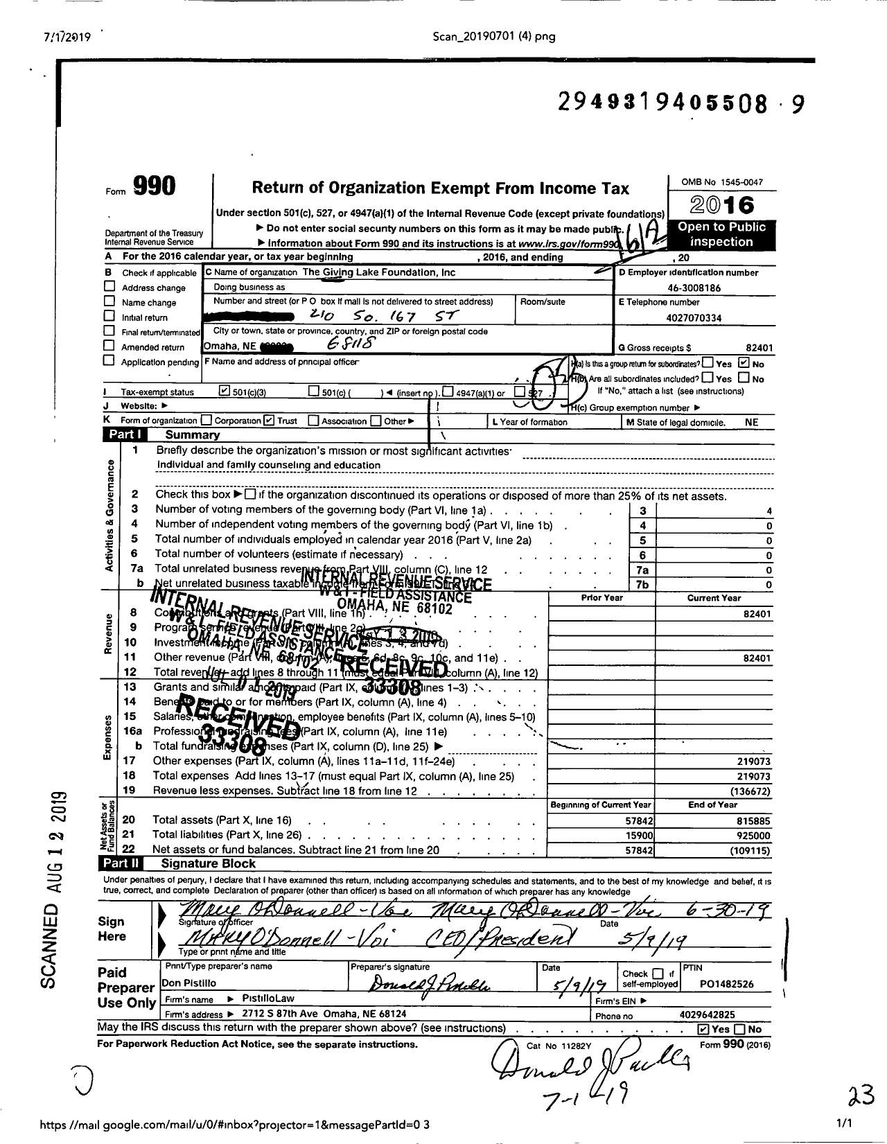 Image of first page of 2016 Form 990 for Giving Lake Foundation