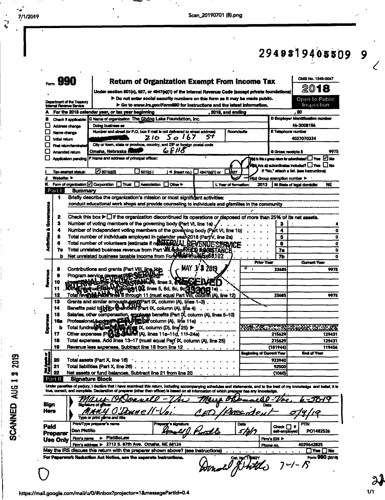Image of first page of 2018 Form 990 for Giving Lake Foundation