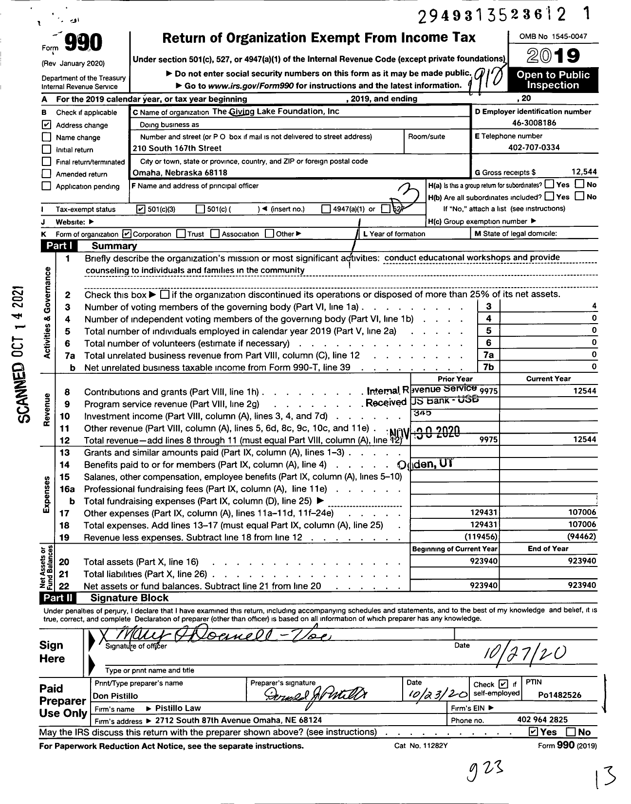 Image of first page of 2019 Form 990 for Giving Lake Foundation
