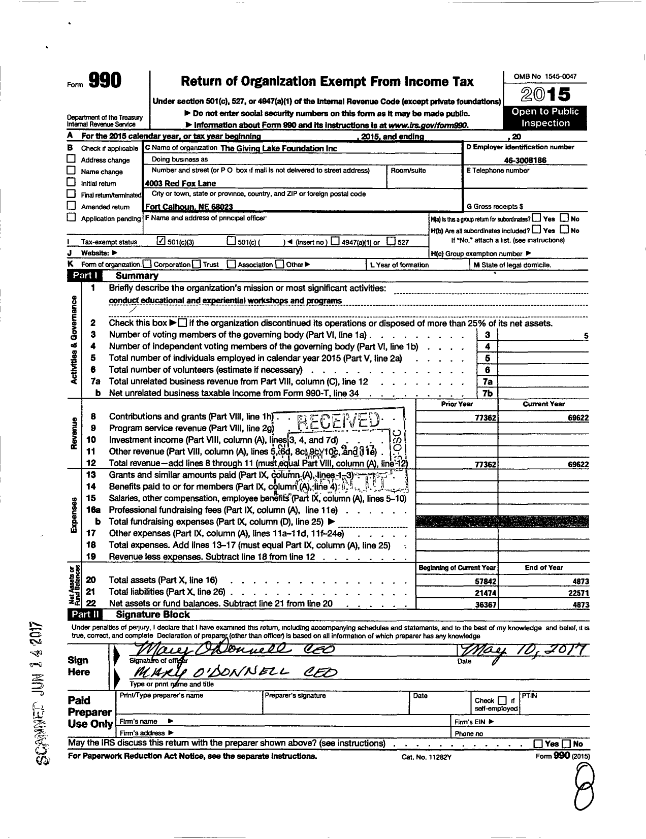 Image of first page of 2015 Form 990 for Giving Lake Foundation