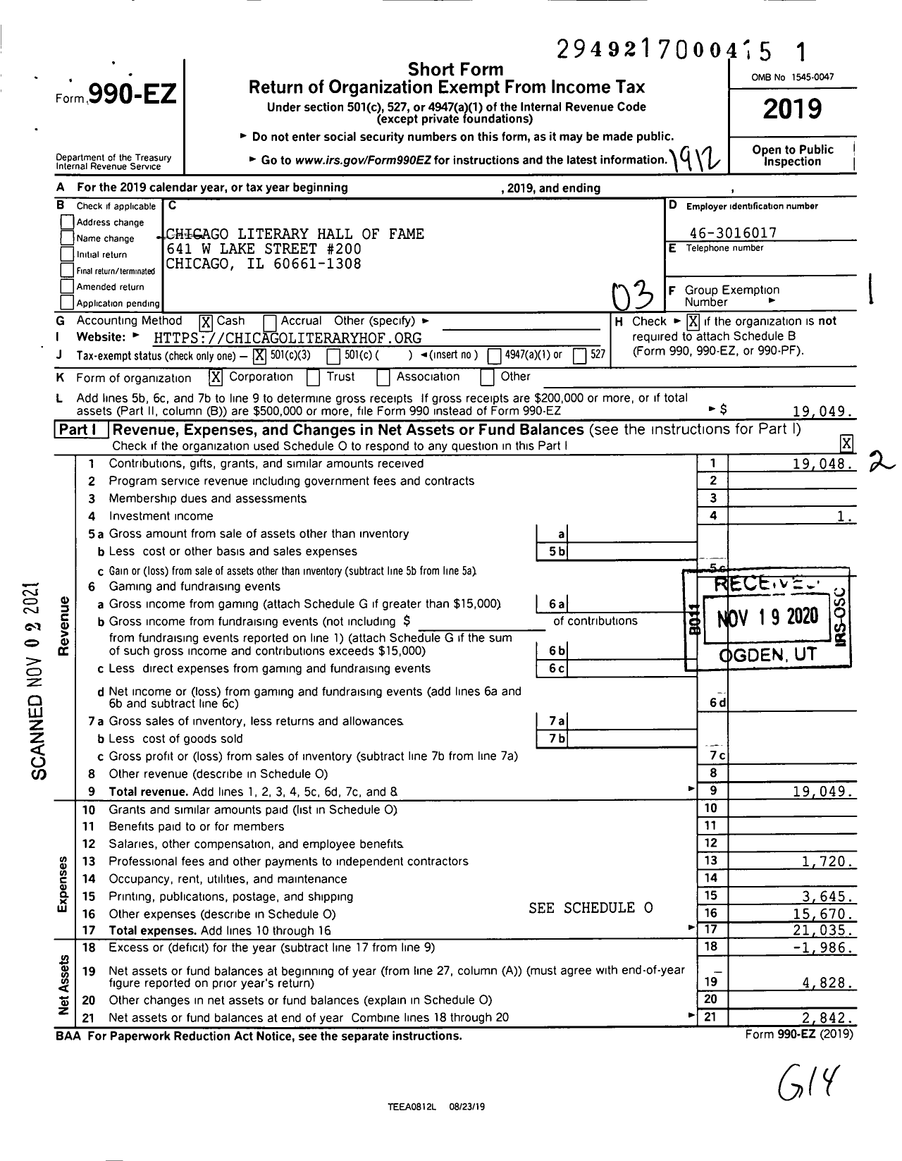 Image of first page of 2019 Form 990EZ for Chicago Literary Hall of Fame