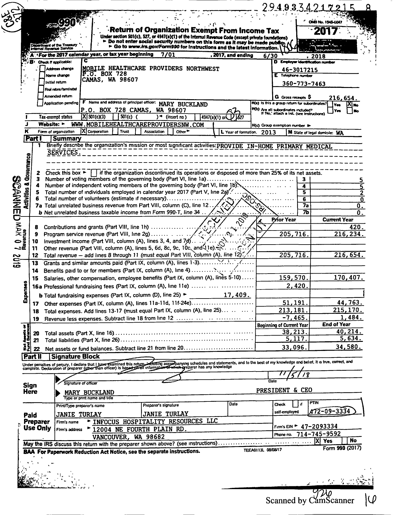 Image of first page of 2017 Form 990 for Mobile Healthcare Providers NorthWest