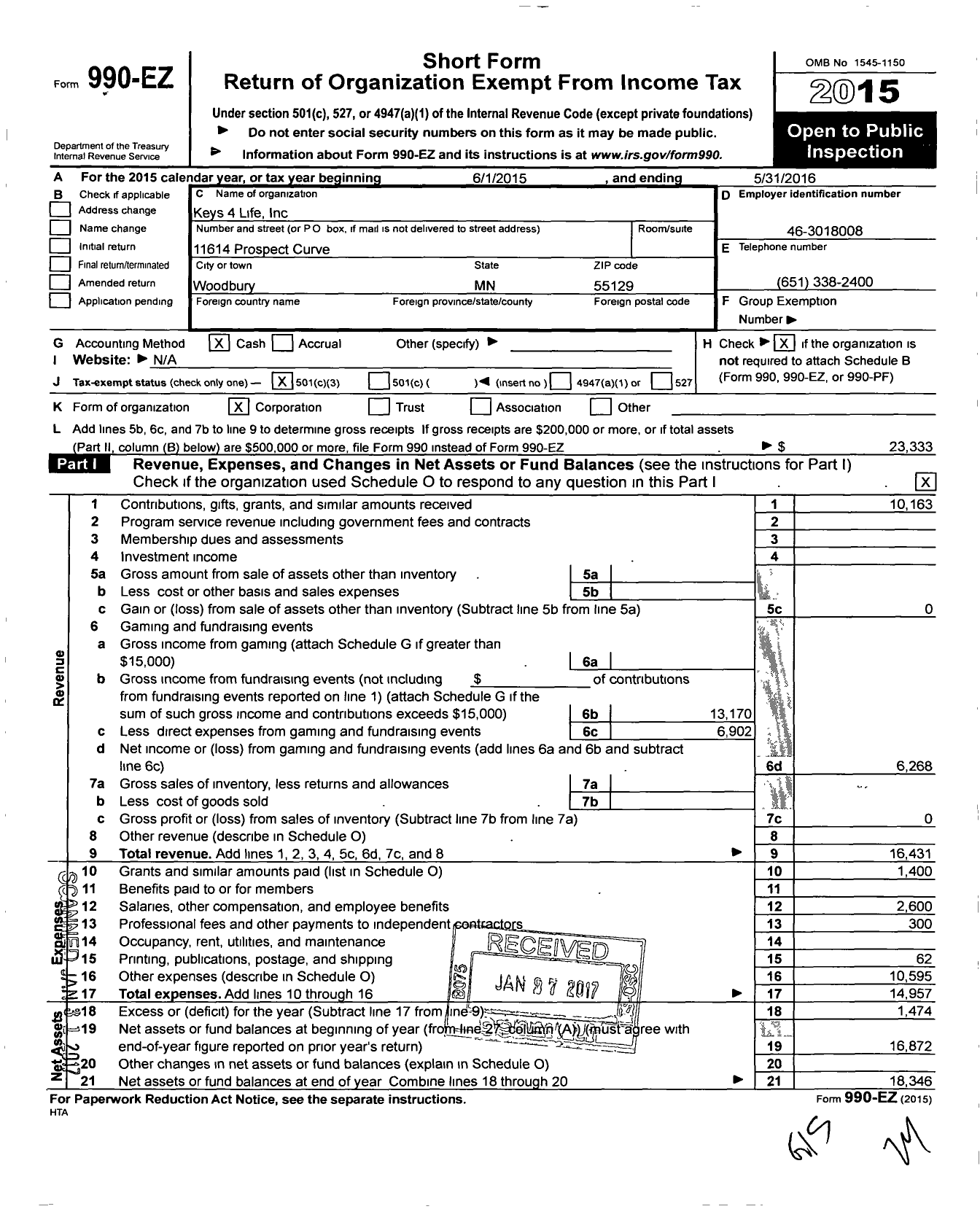 Image of first page of 2015 Form 990EZ for Keys 4 Life