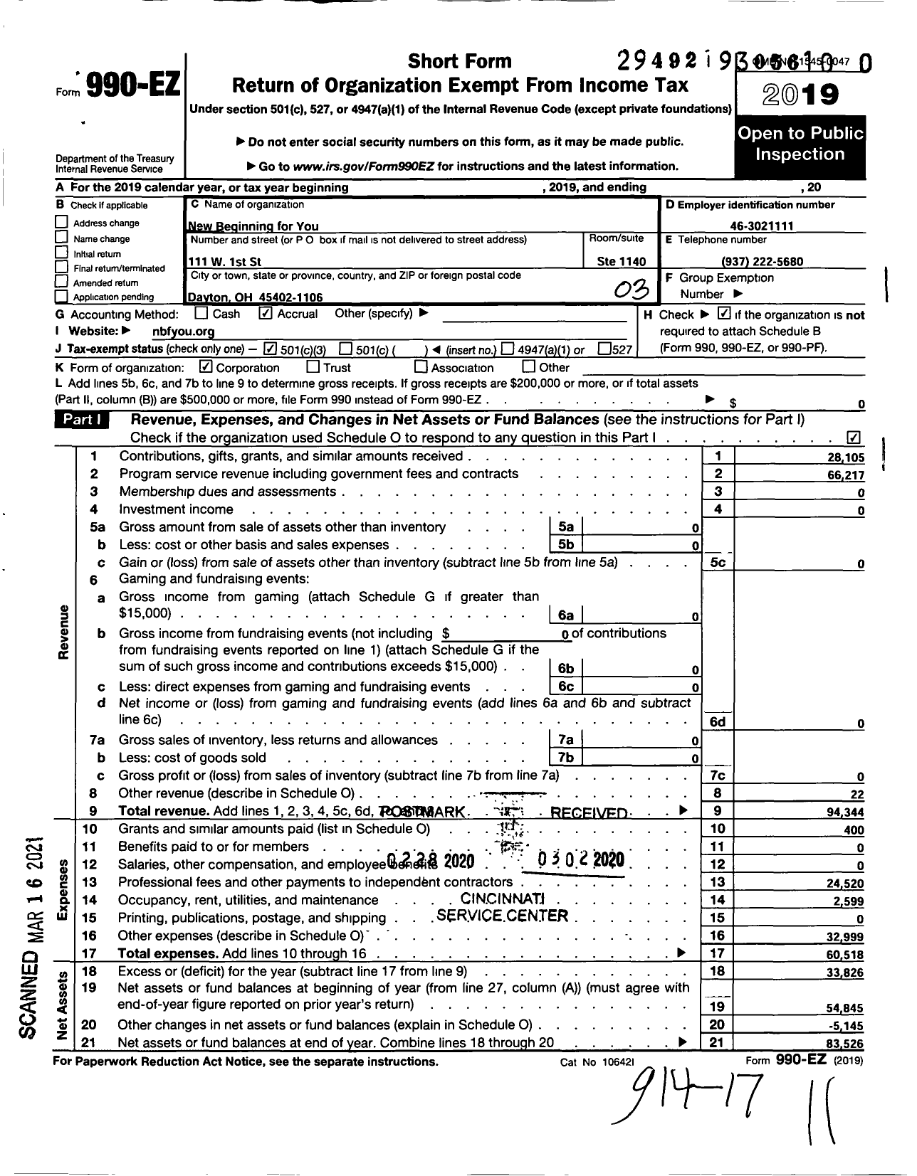 Image of first page of 2019 Form 990EZ for New Beginnings for You (NBFY)