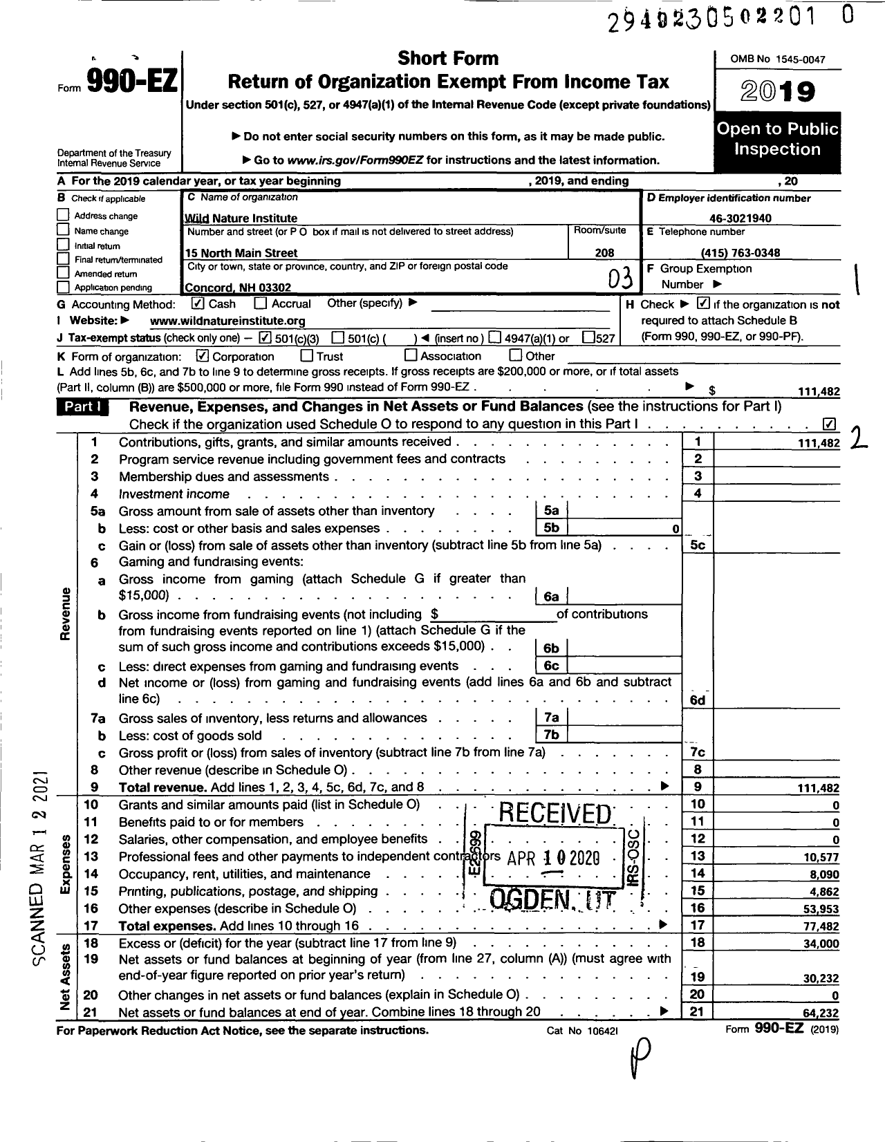 Image of first page of 2019 Form 990EZ for Wild Nature Institute