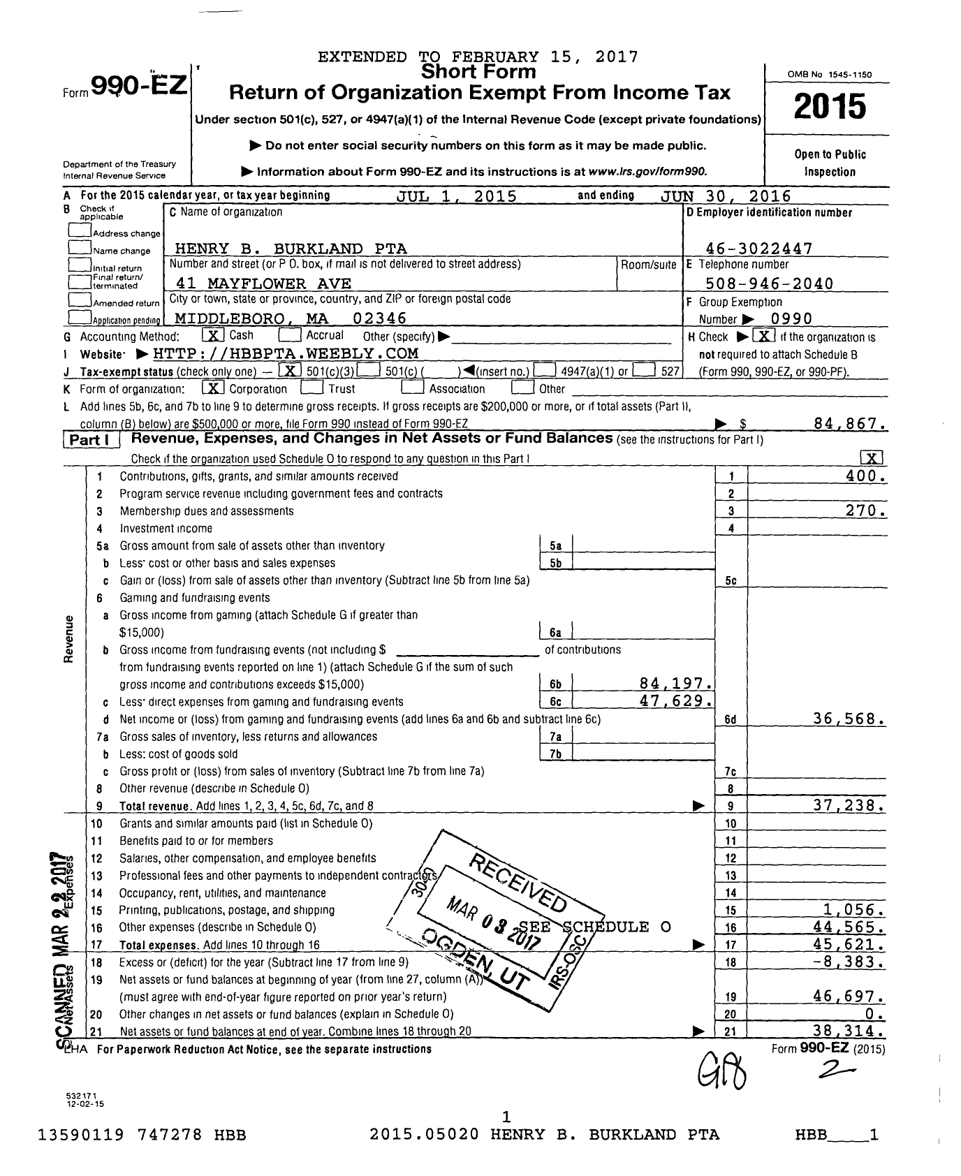 Image of first page of 2015 Form 990EZ for Henry B Burkland PTA