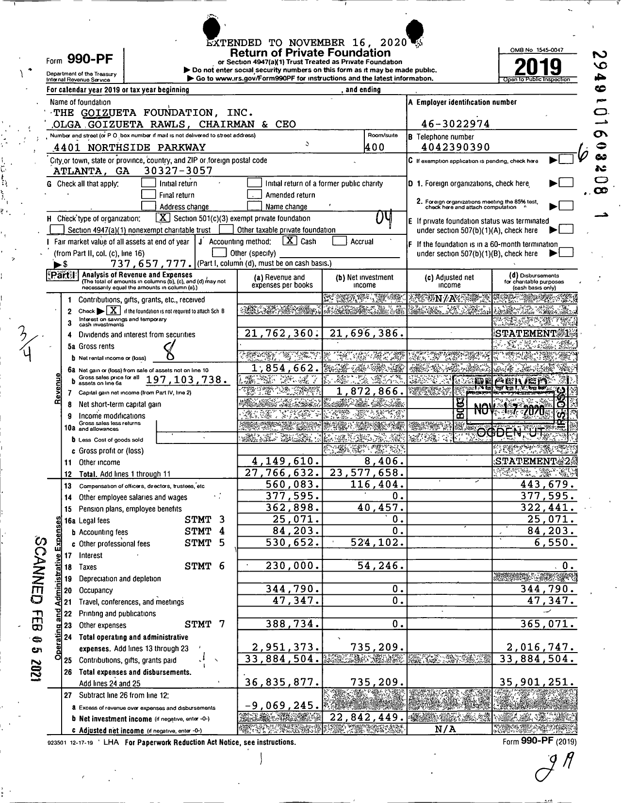 Image of first page of 2019 Form 990PA for THE Goizueta FOUNDATION