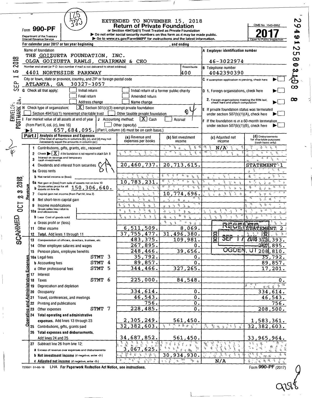 Image of first page of 2017 Form 990PF for THE Goizueta FOUNDATION