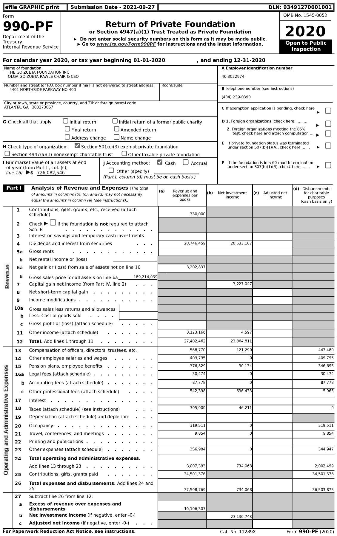 Image of first page of 2020 Form 990PF for THE Goizueta FOUNDATION