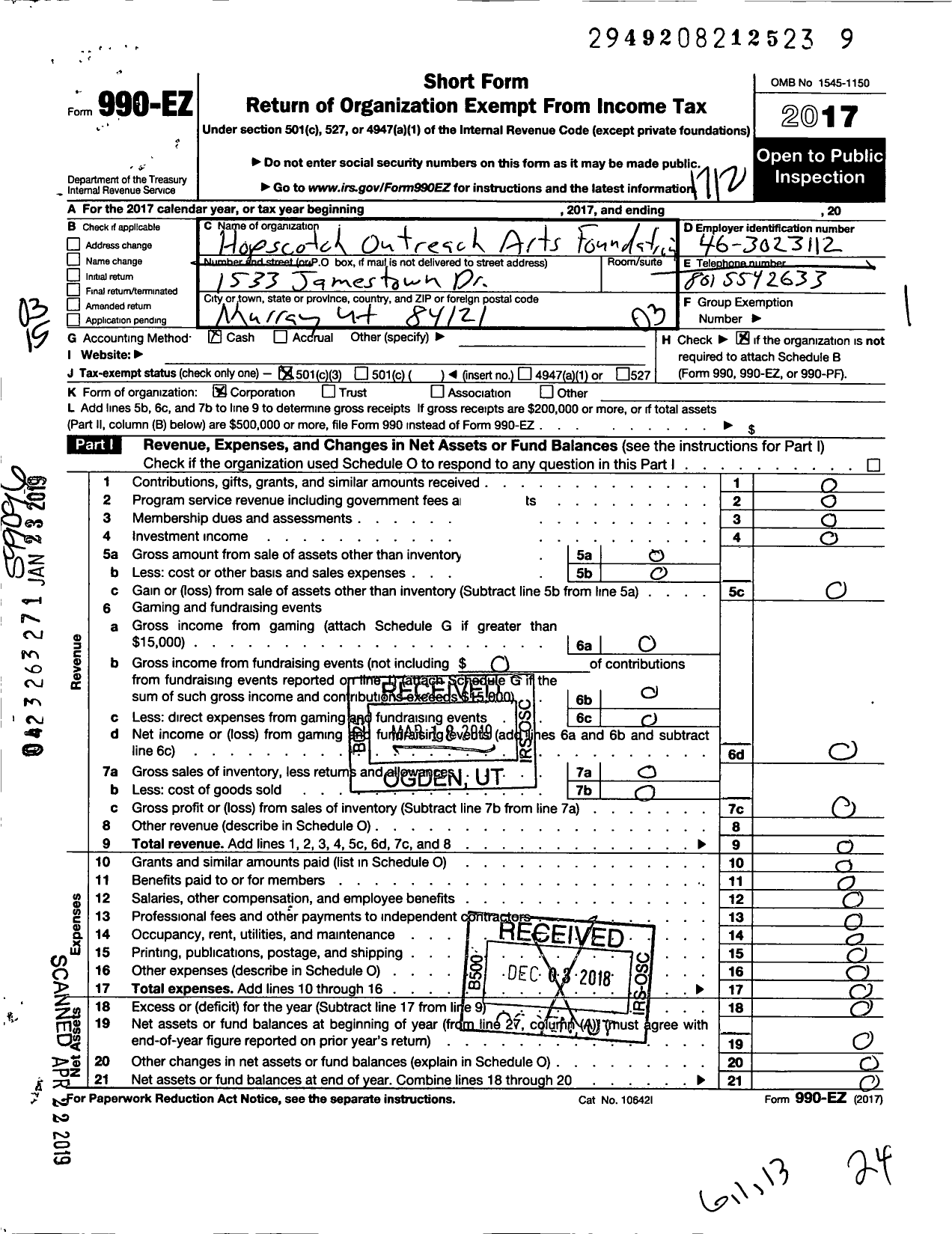 Image of first page of 2017 Form 990EZ for Happy Heart Outreach Arts Foundation