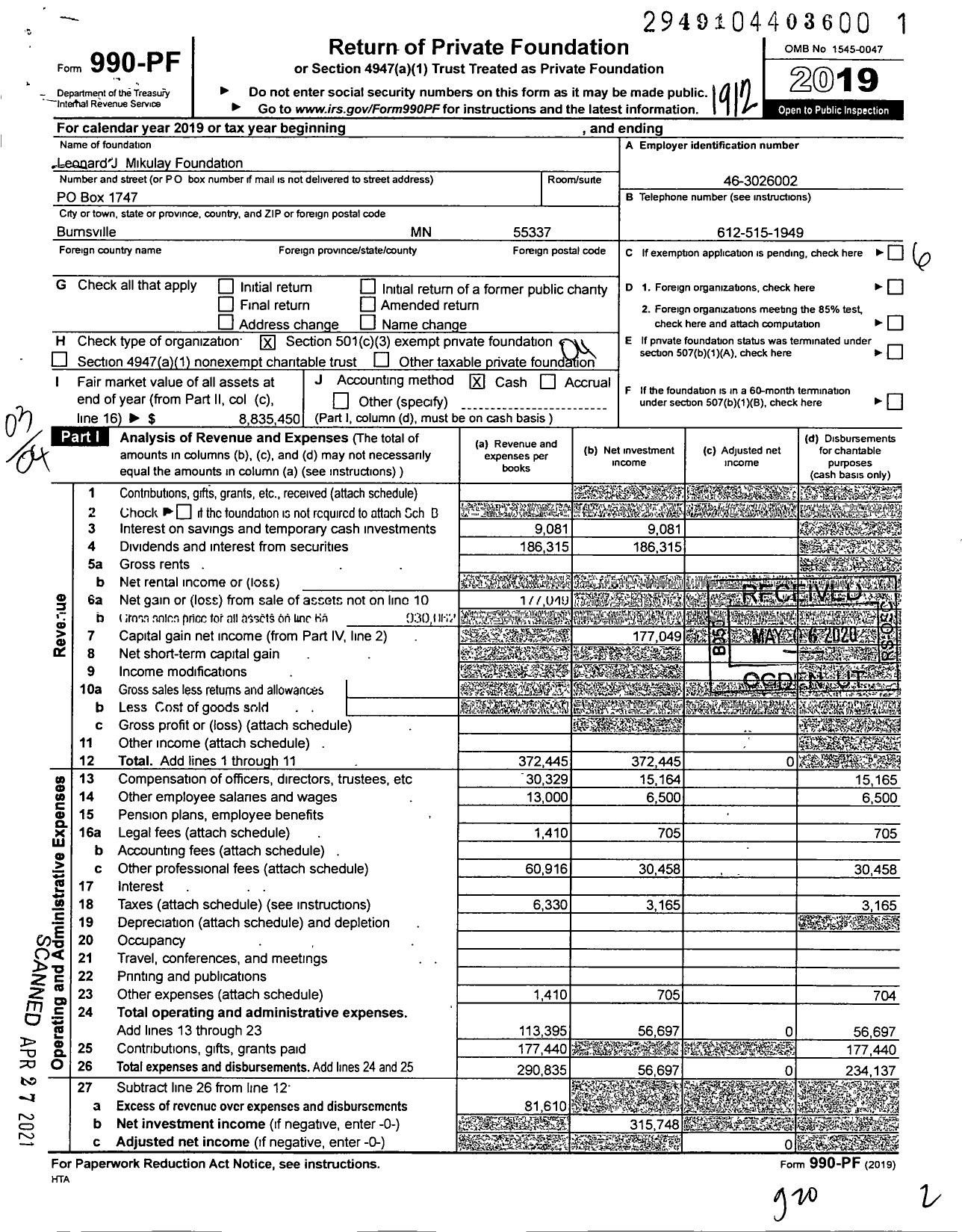 Image of first page of 2019 Form 990PF for Leonard J Mikulay Foundation