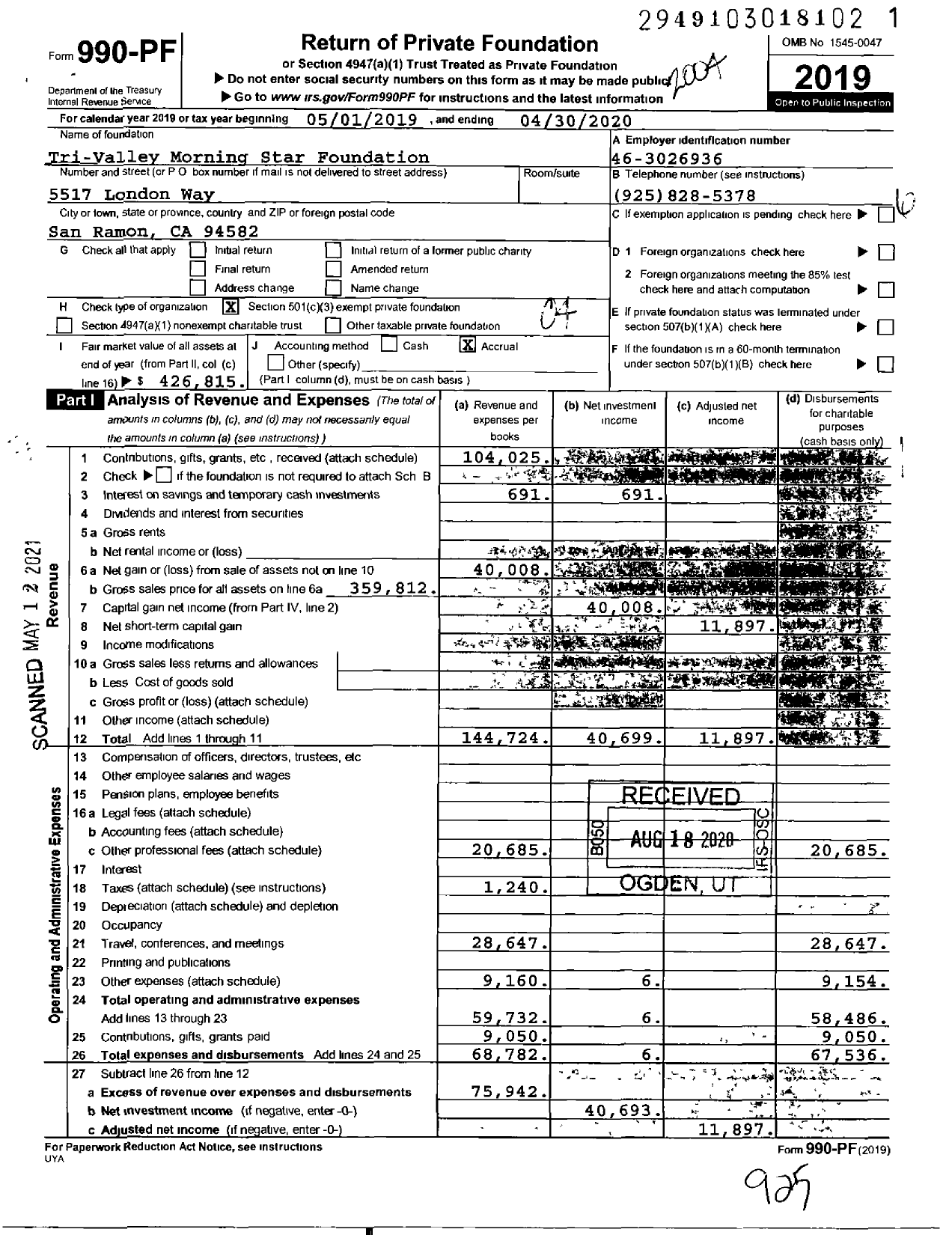 Image of first page of 2019 Form 990PF for Tri-Valley Morning Star Foundation