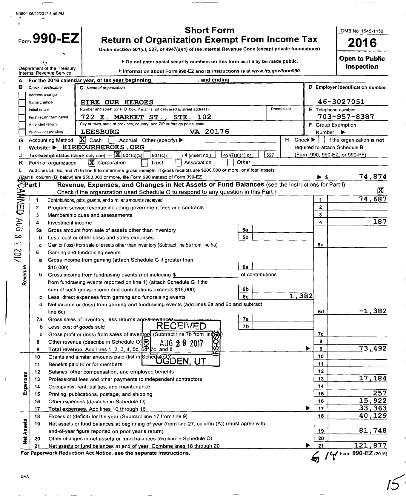 Image of first page of 2016 Form 990EZ for Hire Our Heroes