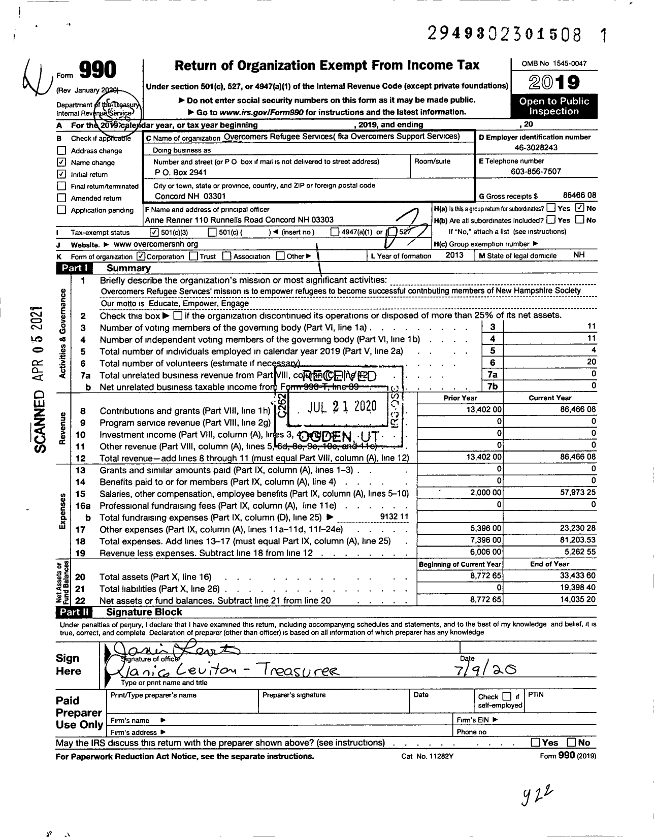 Image of first page of 2019 Form 990 for Overcomers Refugee Services