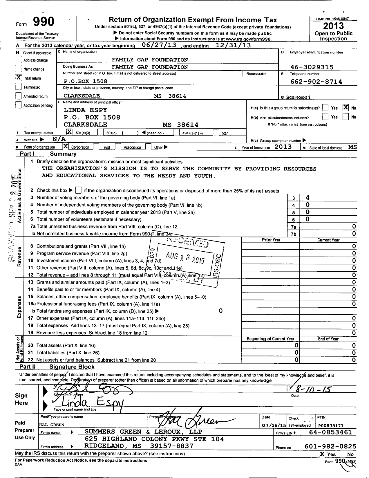 Image of first page of 2013 Form 990 for Family GAP Foundation