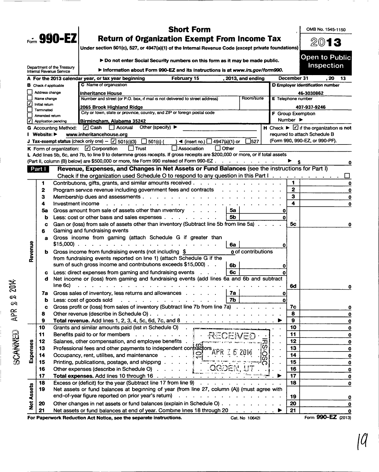 Image of first page of 2013 Form 990EZ for Inheritance House