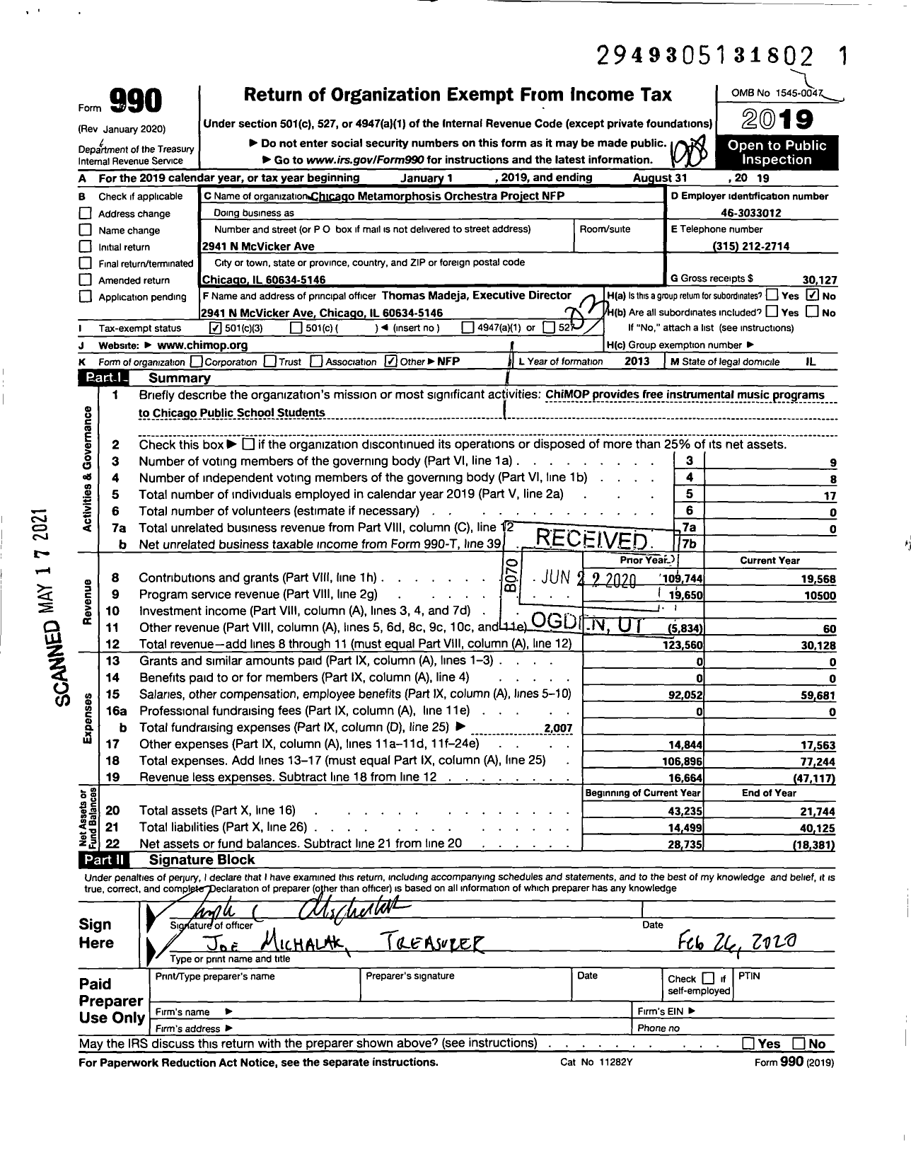 Image of first page of 2018 Form 990 for Chicago Metamorphosis Orchestra Project NFP