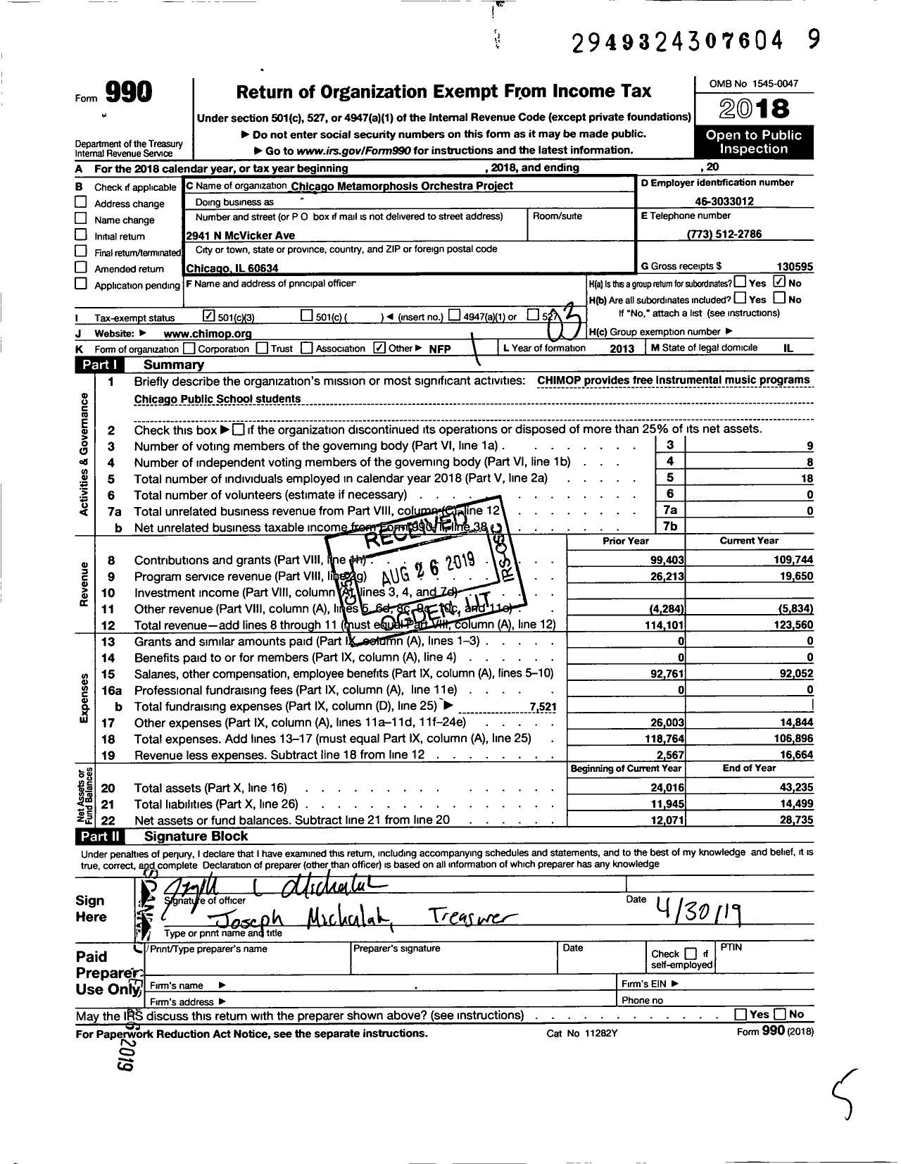 Image of first page of 2018 Form 990 for Chicago Metamorphosis Orchestra Project NFP