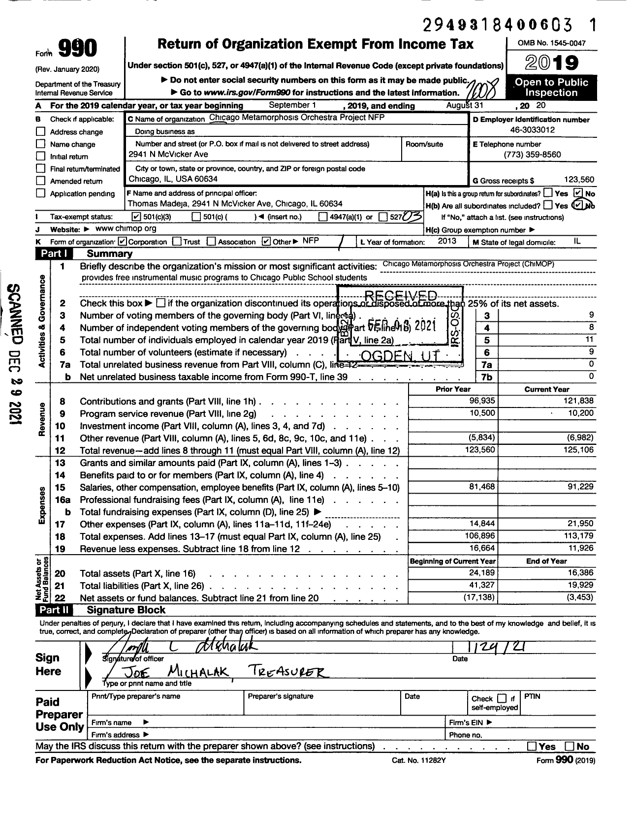 Image of first page of 2019 Form 990 for Chicago Metamorphosis Orchestra Project NFP