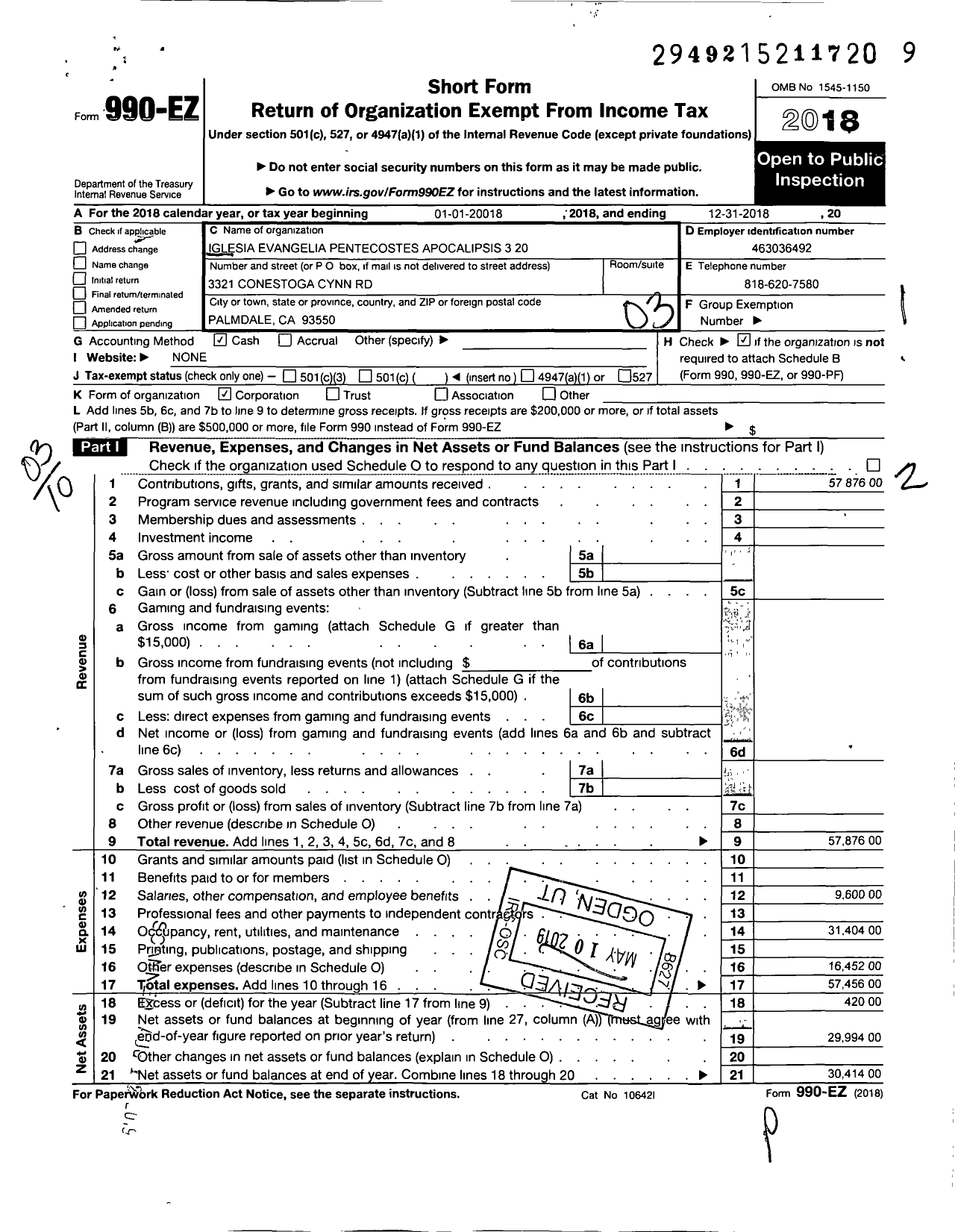 Image of first page of 2018 Form 990EZ for Iglesia Evangelica Pentecostes Apocalipsis 320