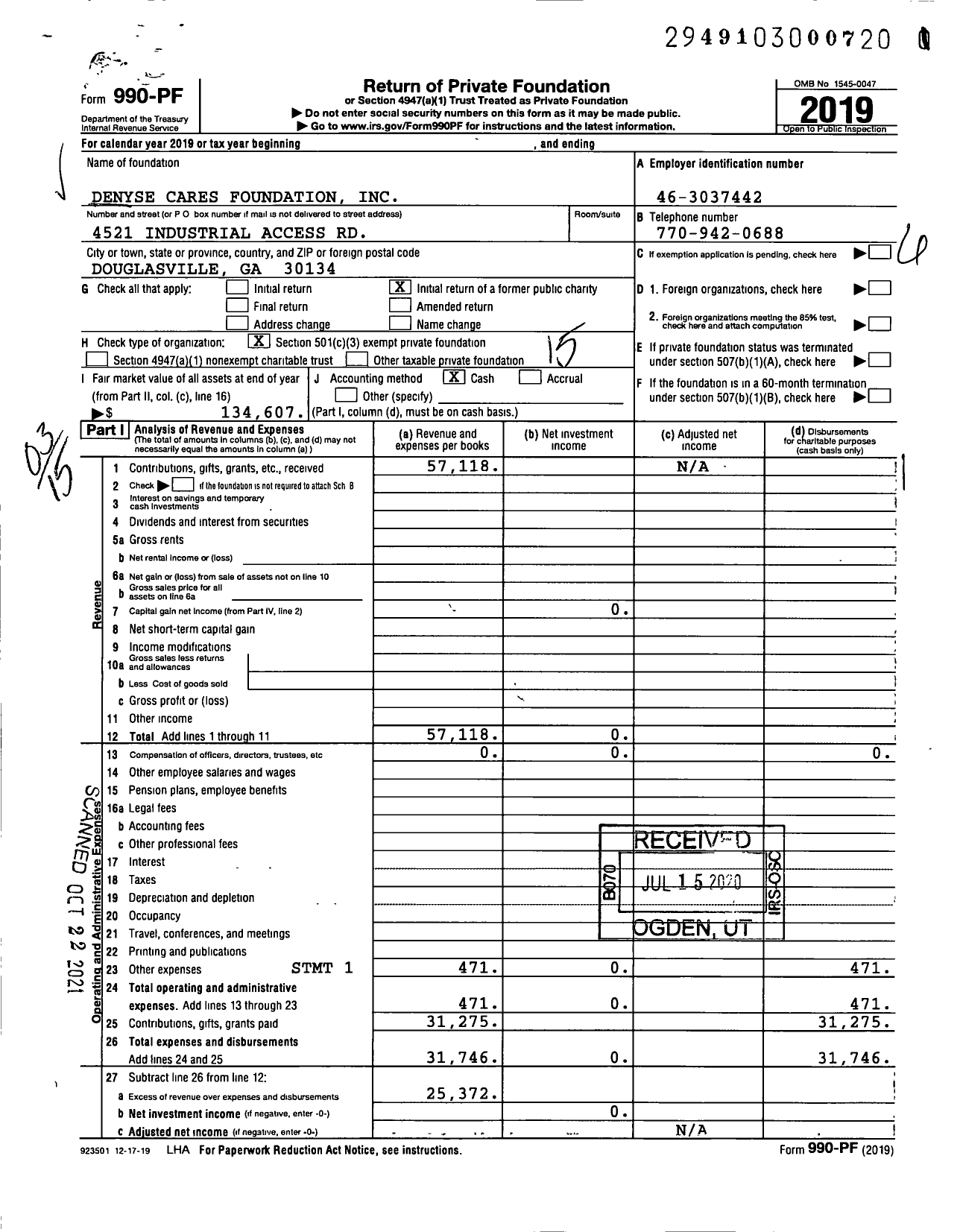 Image of first page of 2019 Form 990PF for Denyse Cares Foundation