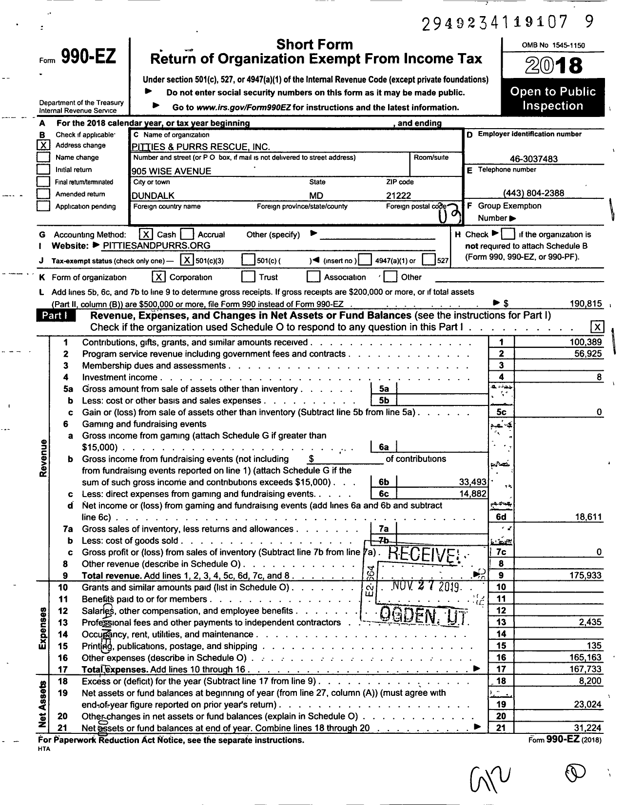 Image of first page of 2018 Form 990EZ for Pitties and Purrs Rescue