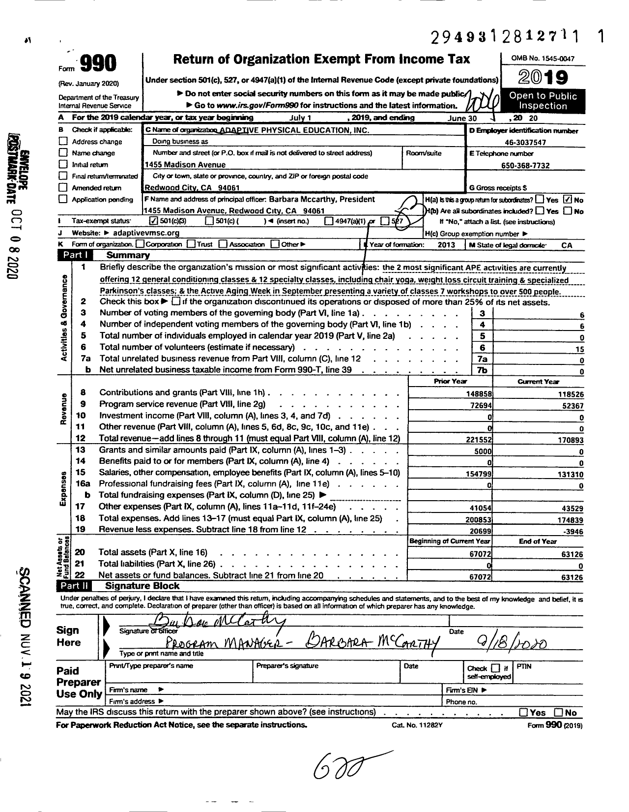 Image of first page of 2019 Form 990 for Adaptive Physical Education