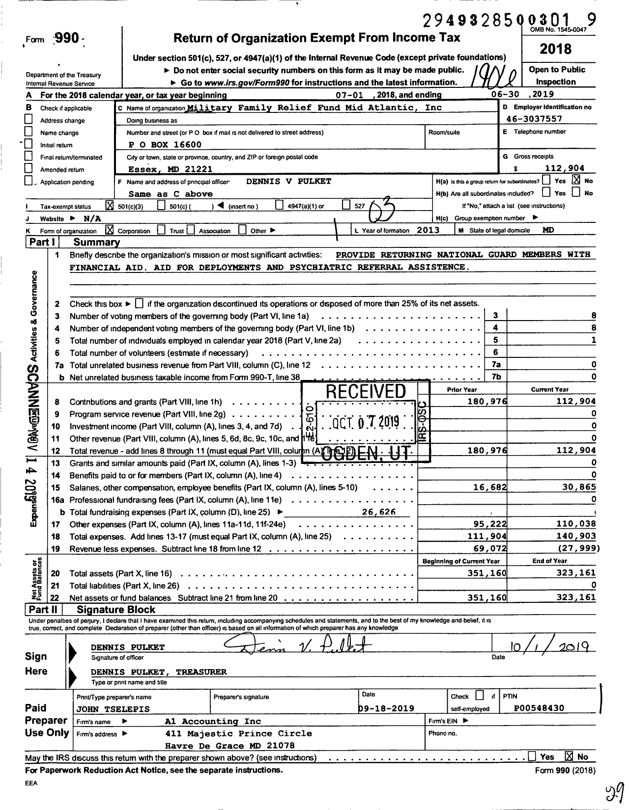 Image of first page of 2018 Form 990 for Military Family Resource Fund Mid Atlantic