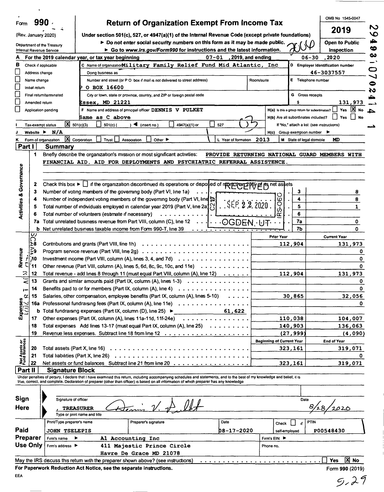 Image of first page of 2019 Form 990 for Military Family Resource Fund Mid Atlantic