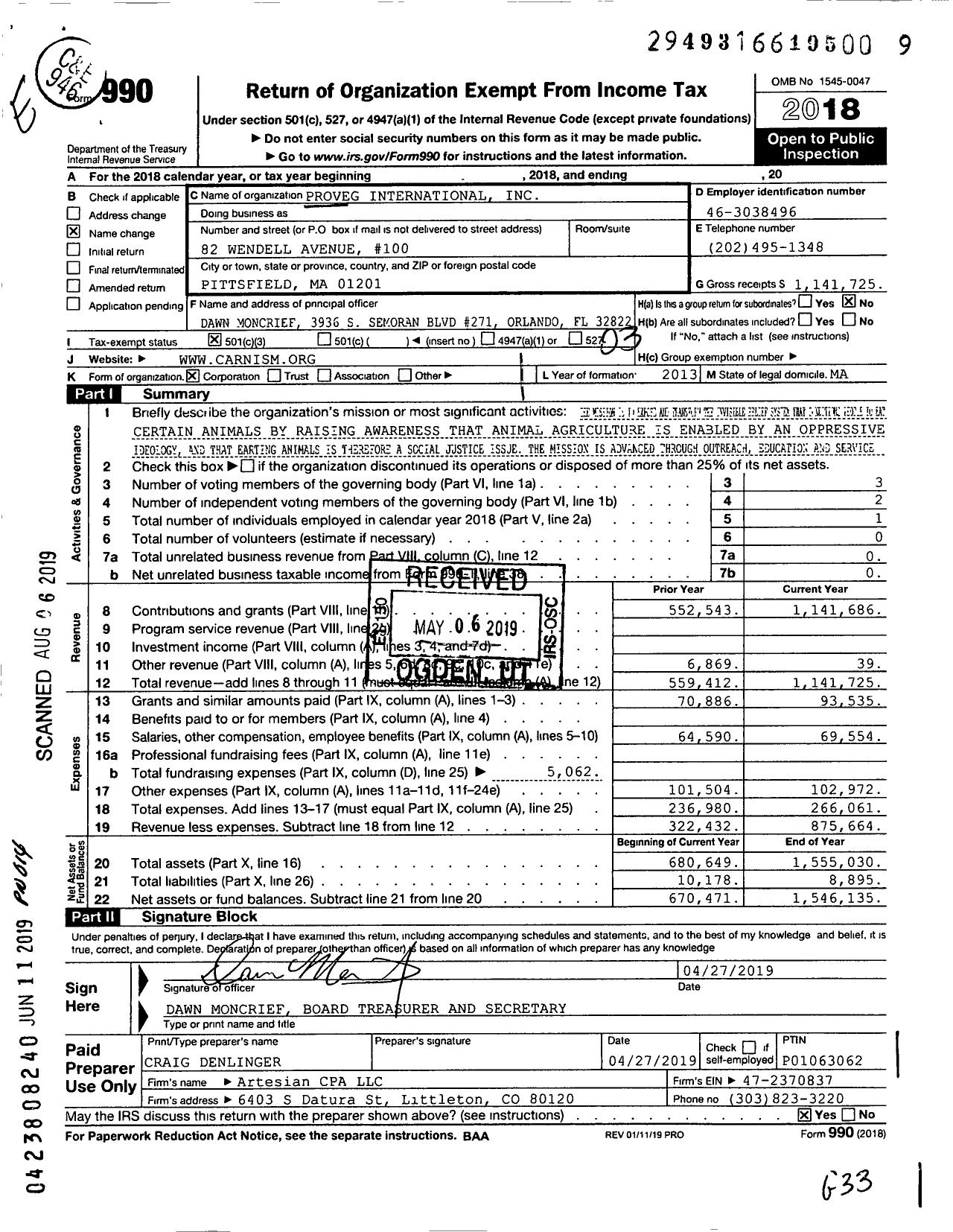 Image of first page of 2018 Form 990 for Proveg International