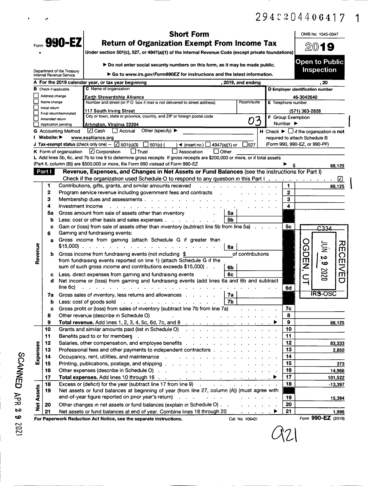 Image of first page of 2019 Form 990EZ for Earth Stewardship Alliance