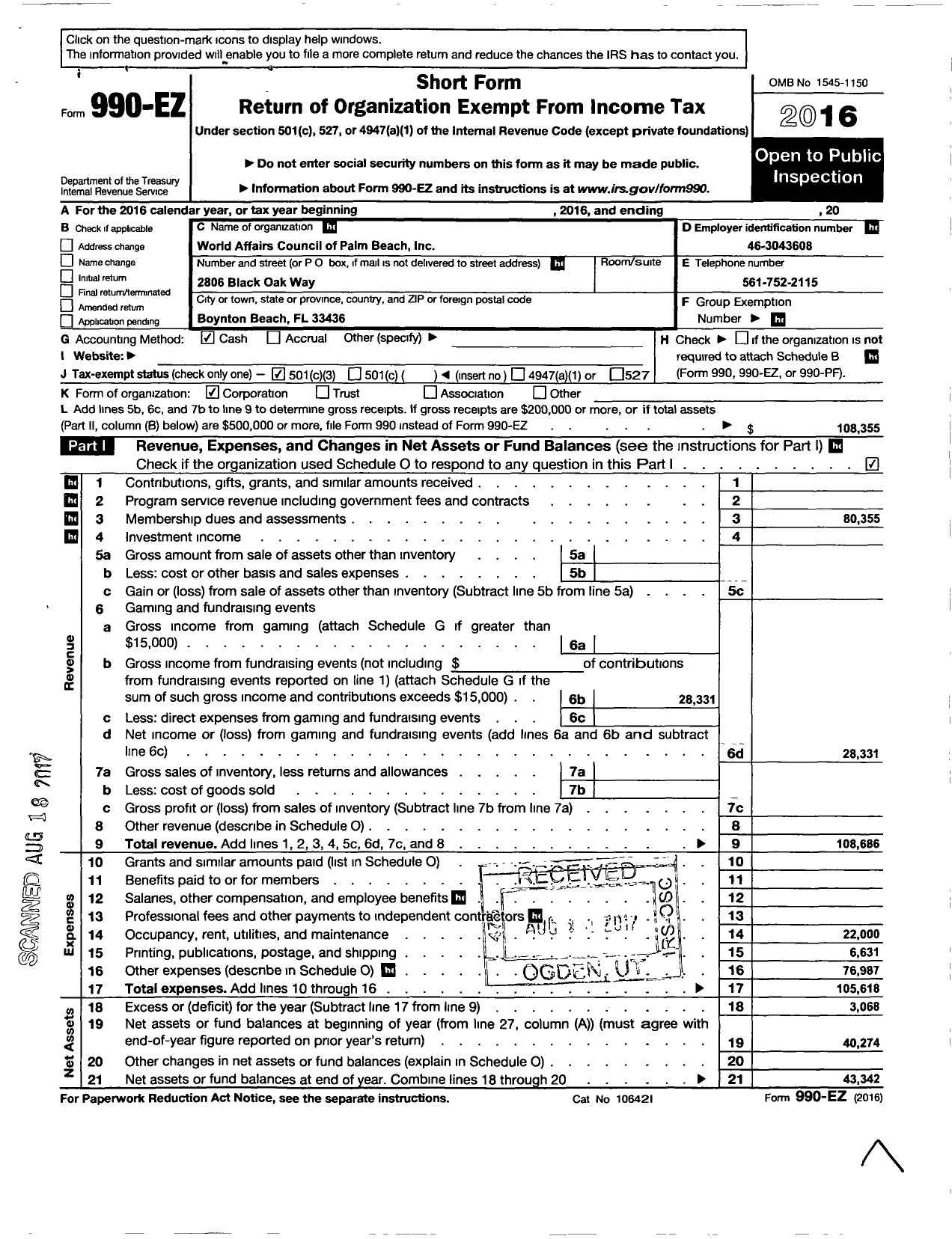 Image of first page of 2016 Form 990EZ for World Affairs Council of Palm Beach