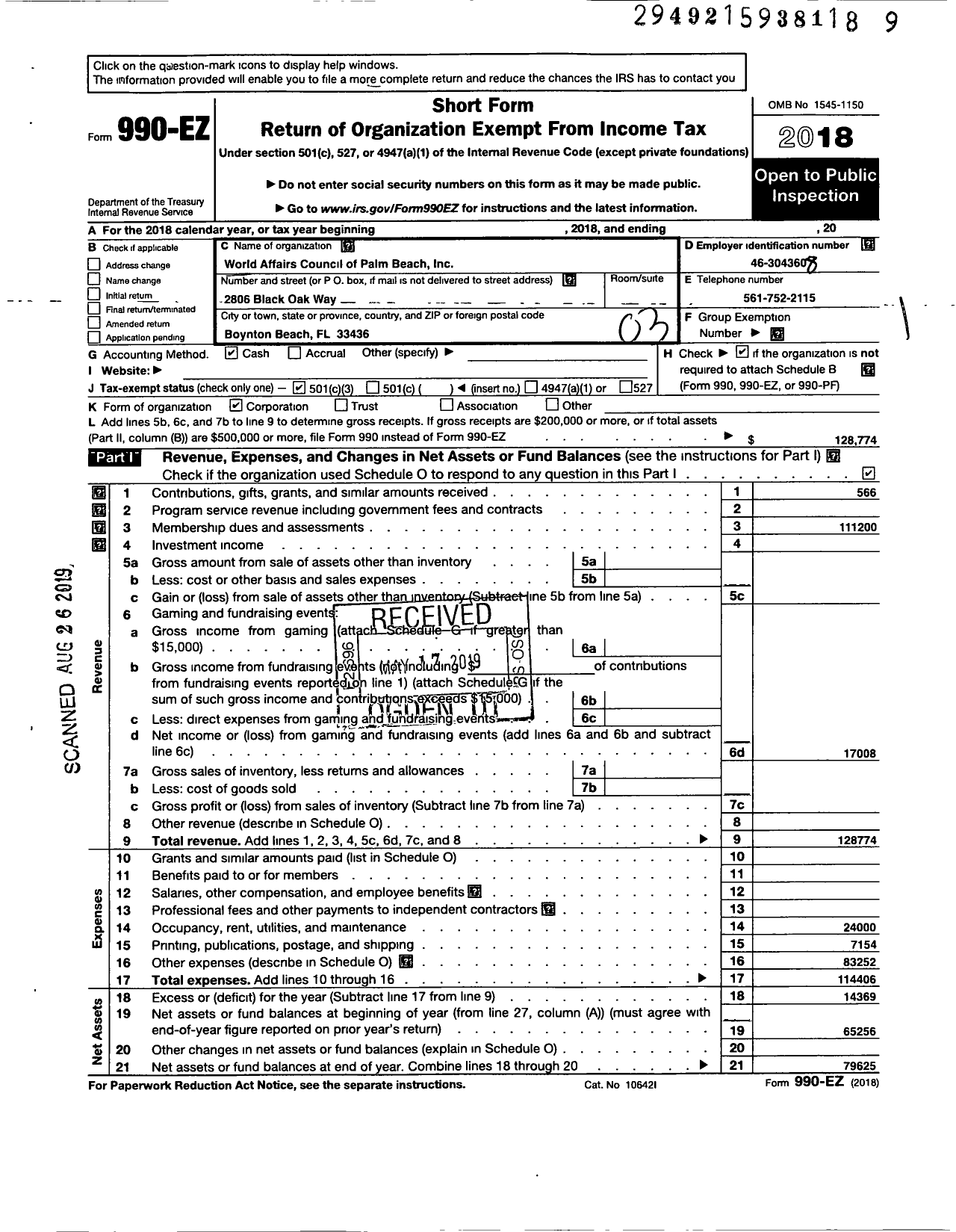 Image of first page of 2018 Form 990EZ for World Affairs Council of Palm Beach