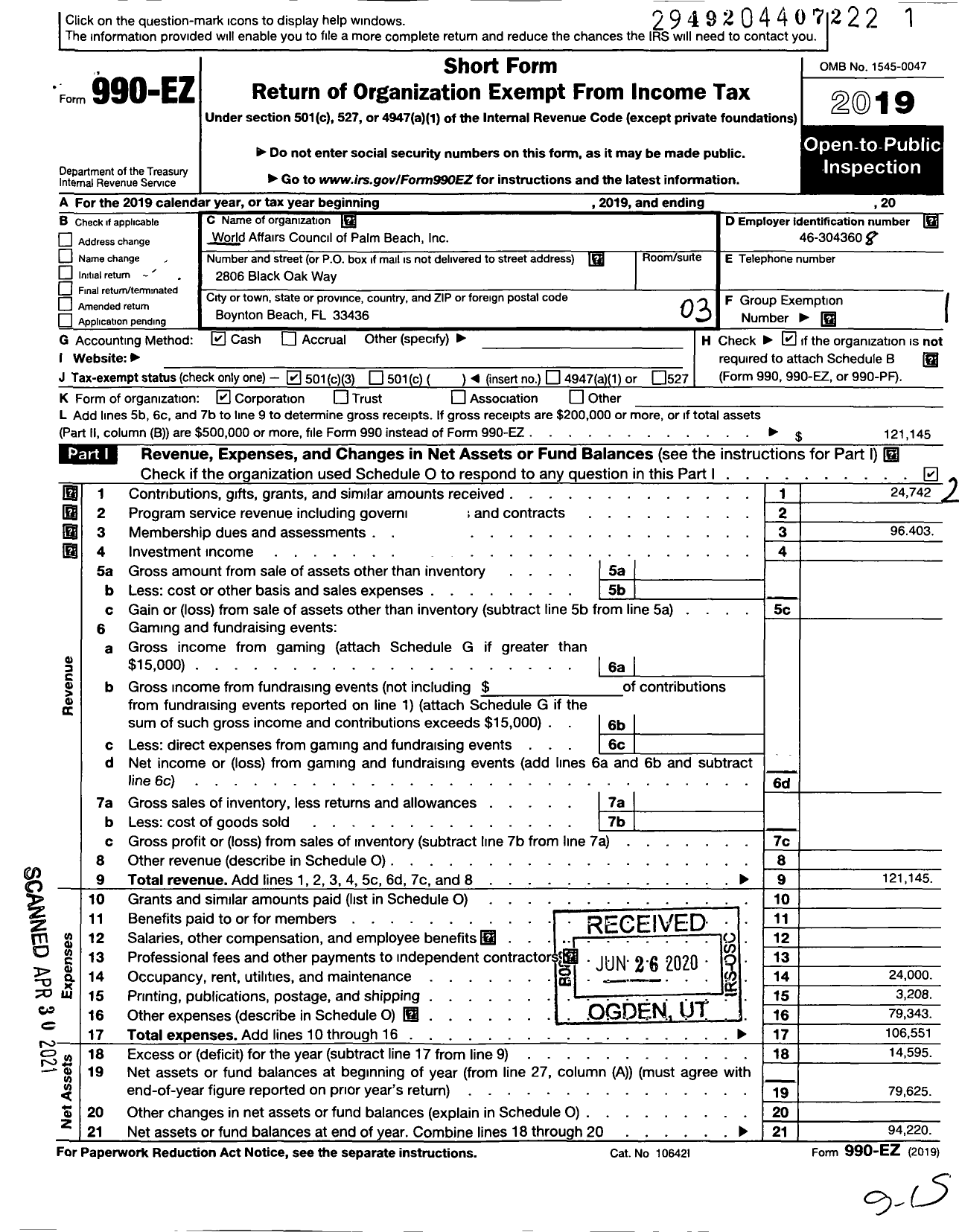 Image of first page of 2019 Form 990EZ for World Affairs Council of Palm Beach