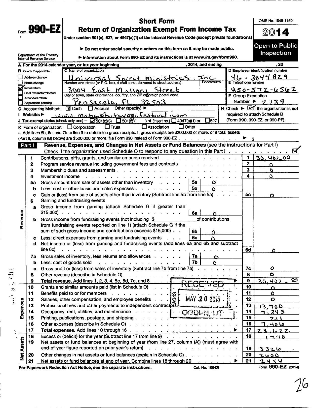 Image of first page of 2014 Form 990EZ for Universal Spirit Ministries