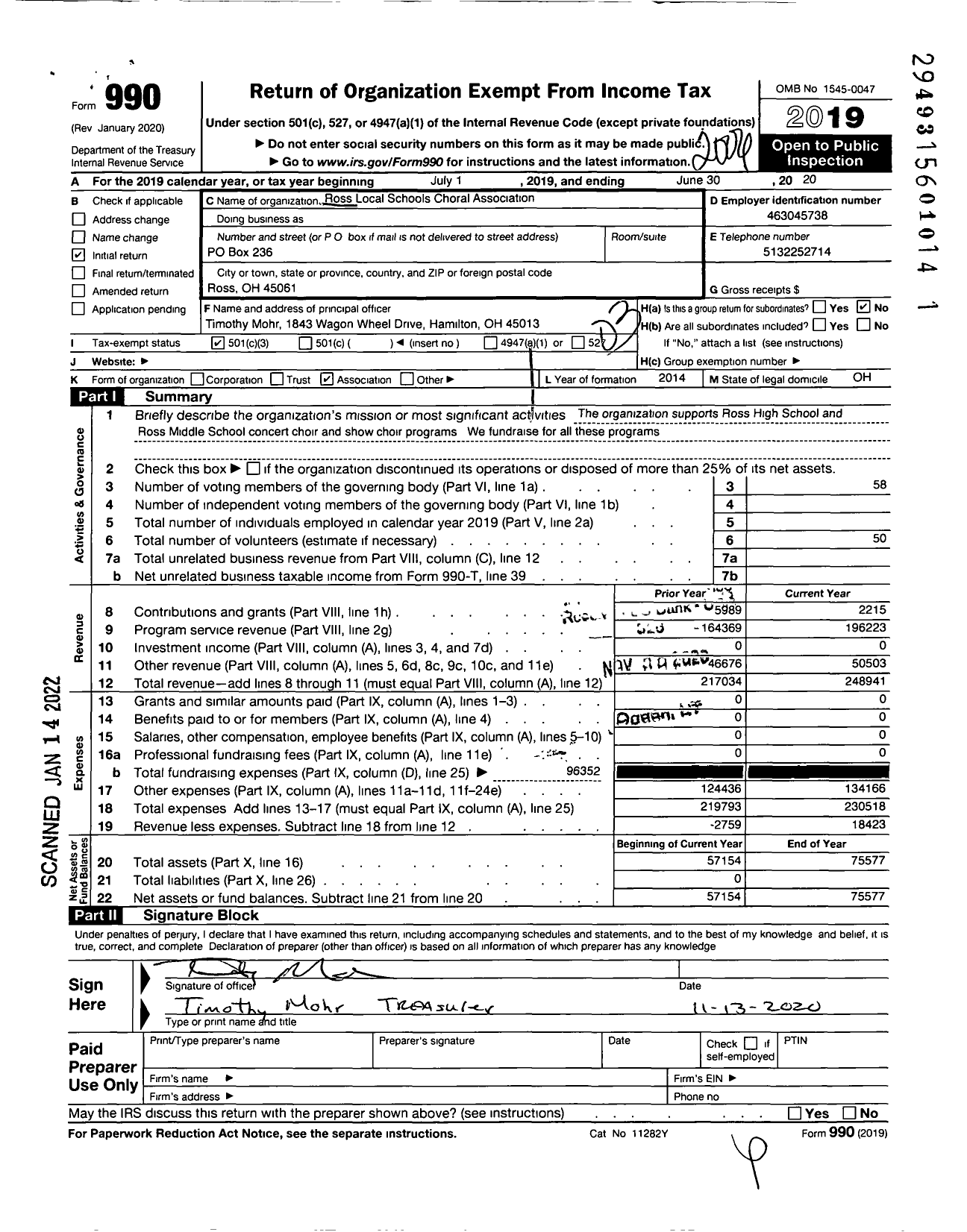 Image of first page of 2019 Form 990 for Ross Local Schools Choral Association