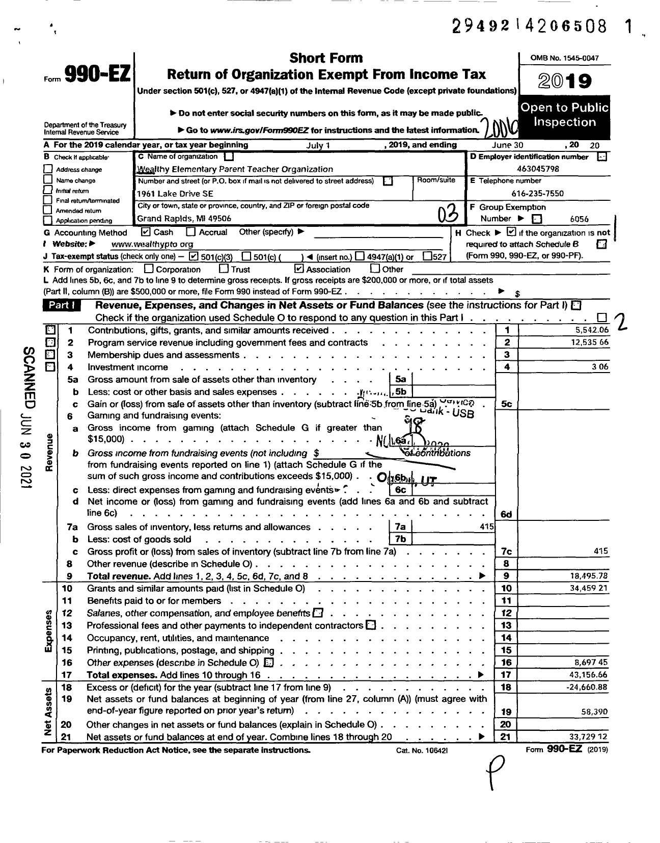 Image of first page of 2019 Form 990EZ for Wealthy Elementary School Parent Teacher Organization