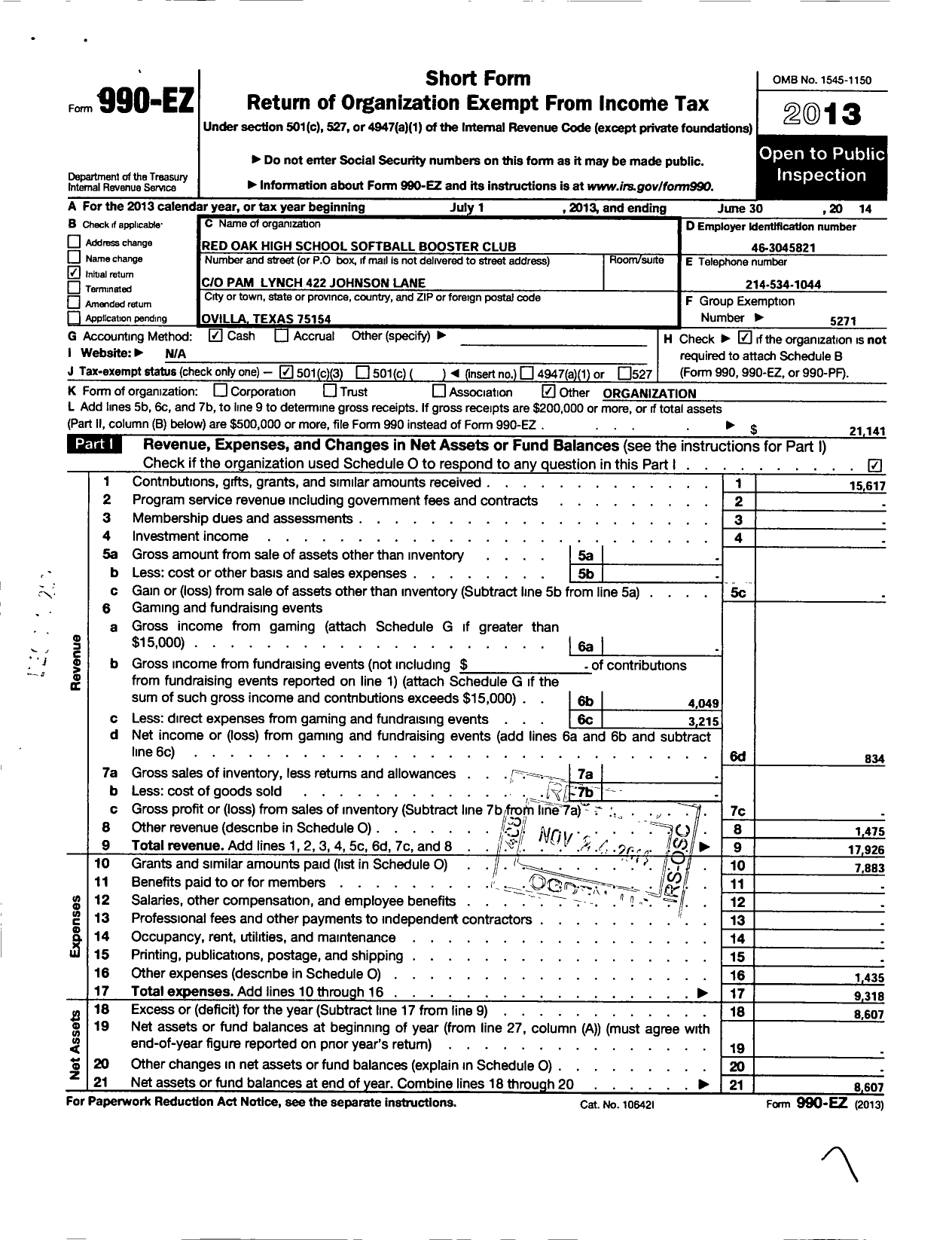 Image of first page of 2013 Form 990EZ for Parent Booster USA / Red Oak HS Softball Booster Club