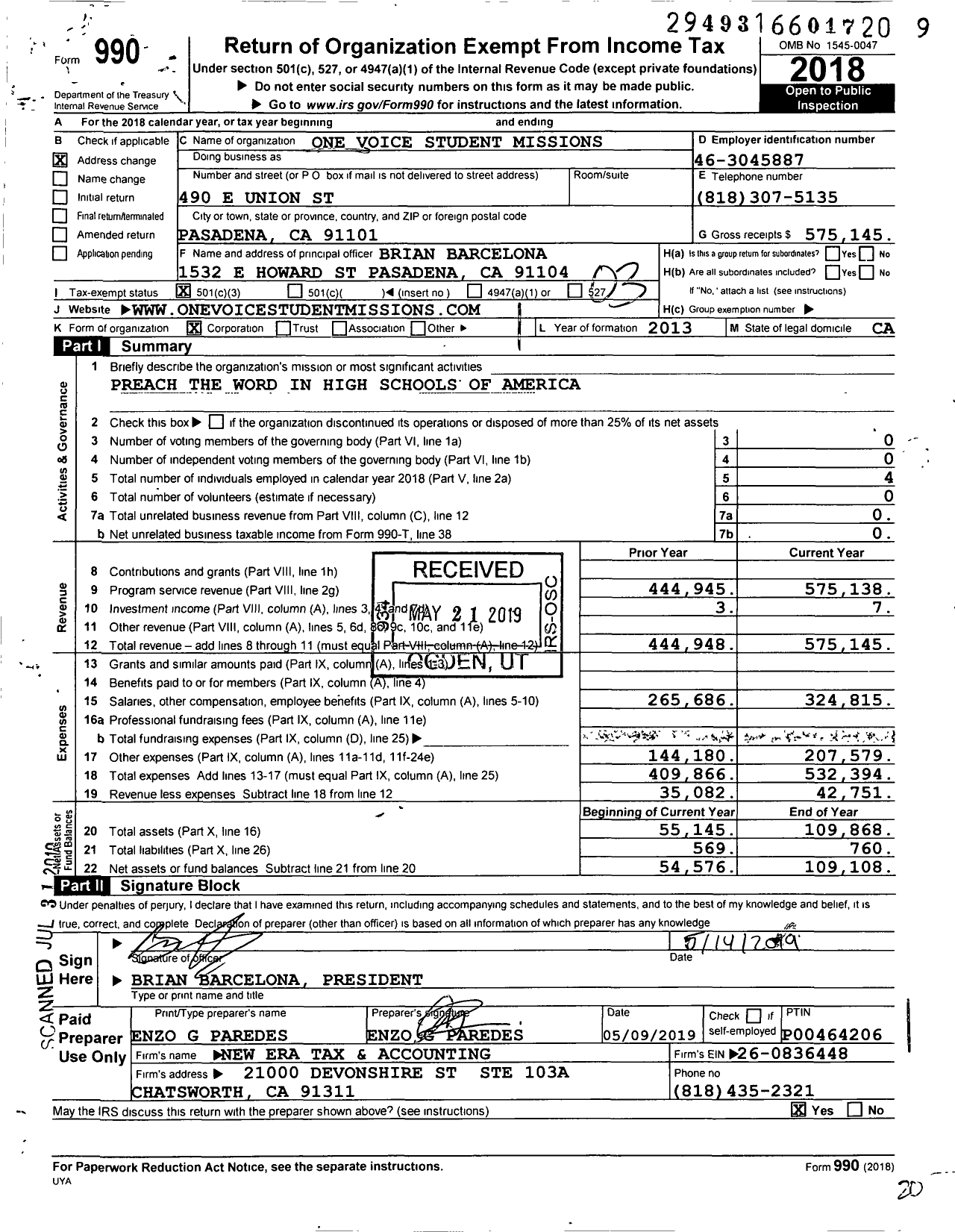 Image of first page of 2018 Form 990 for One Voice Student Missions