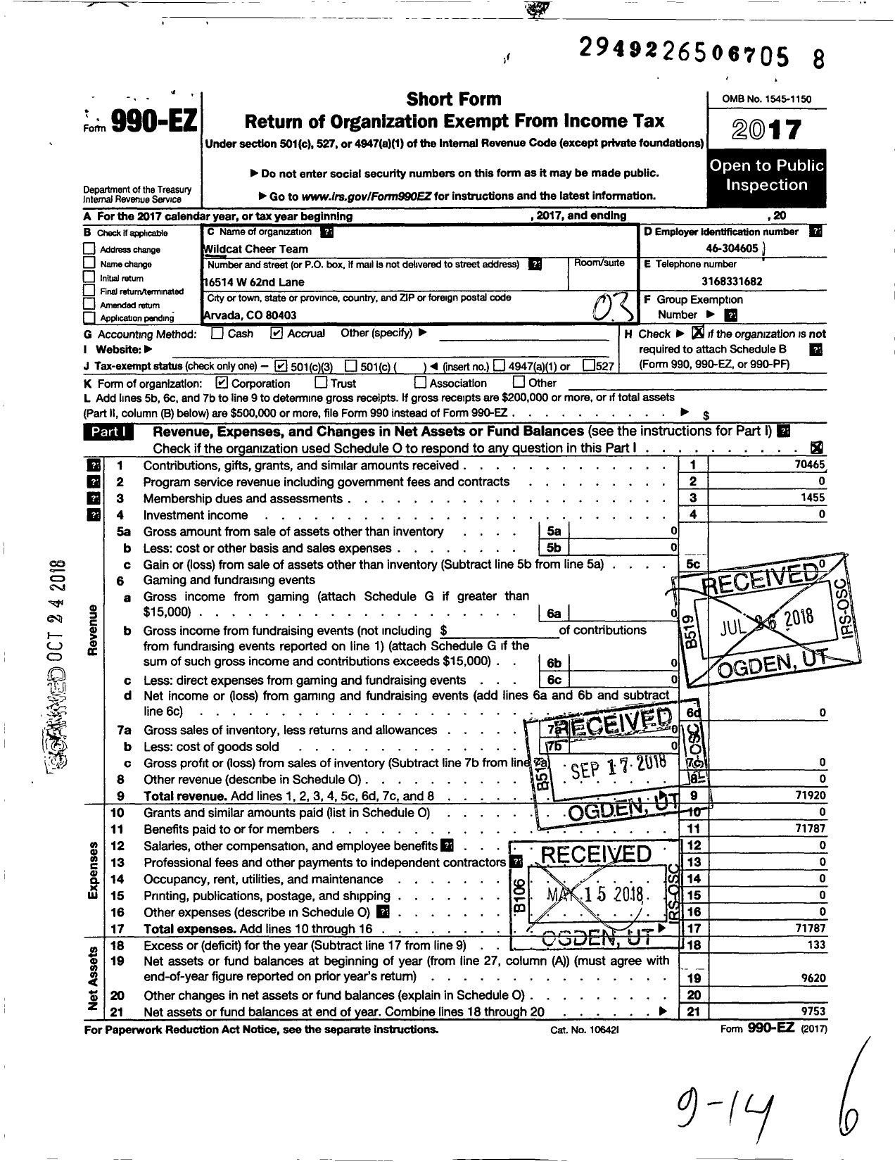 Image of first page of 2017 Form 990EZ for Wildcat Cheer Team