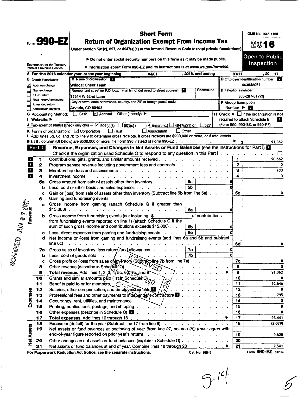 Image of first page of 2016 Form 990EZ for Wildcat Cheer Team