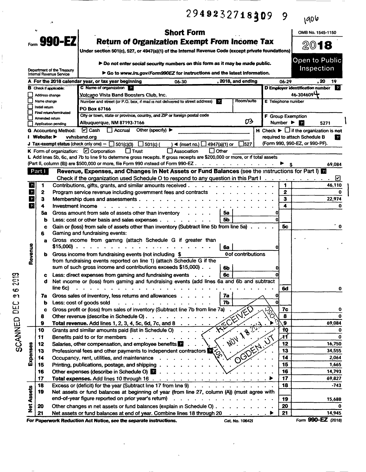 Image of first page of 2018 Form 990EZ for Parent Booster USA / Volcano Vista Band Booster Club